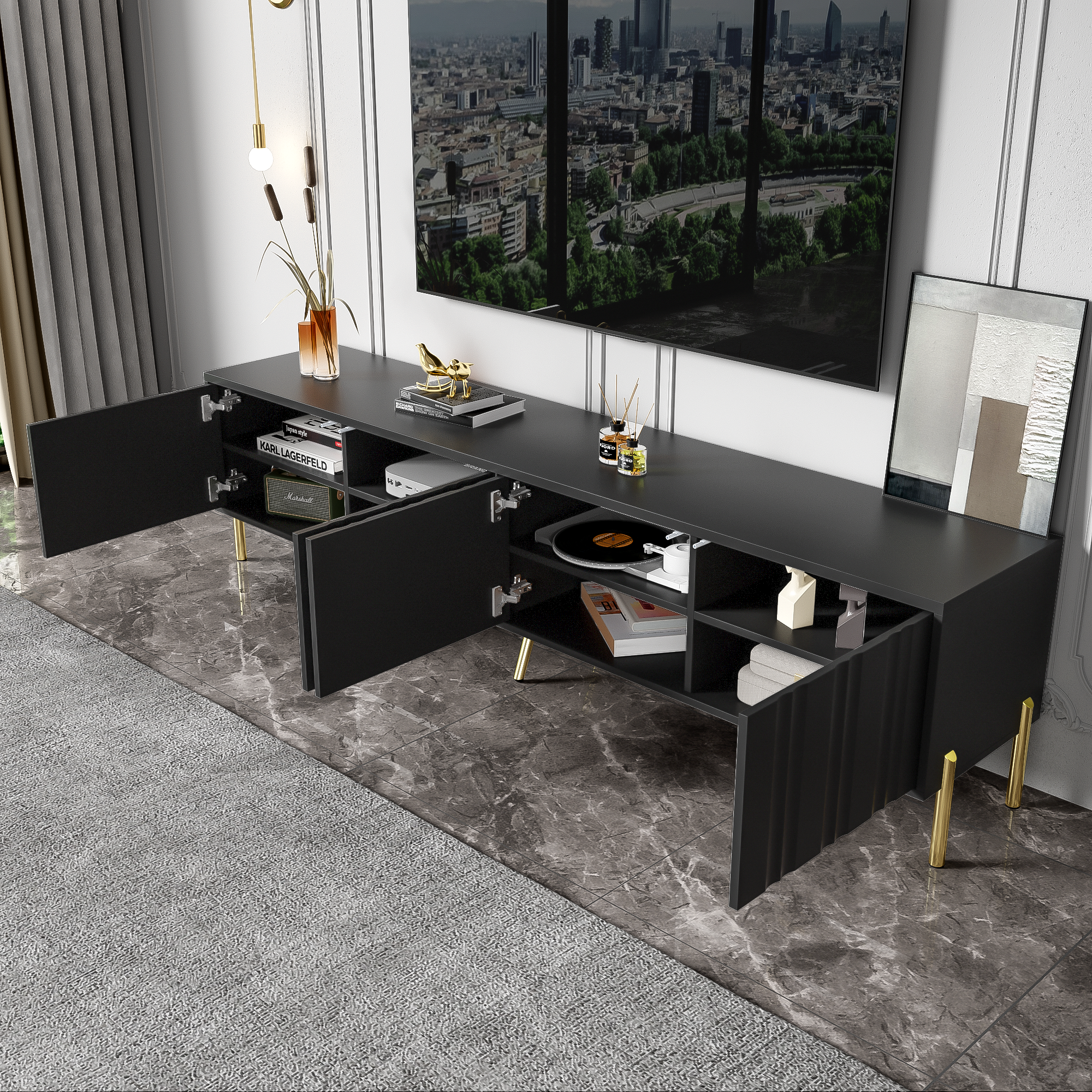 Logidon Zwart TV-meubel met Gouden Tafelpoten 190 cm