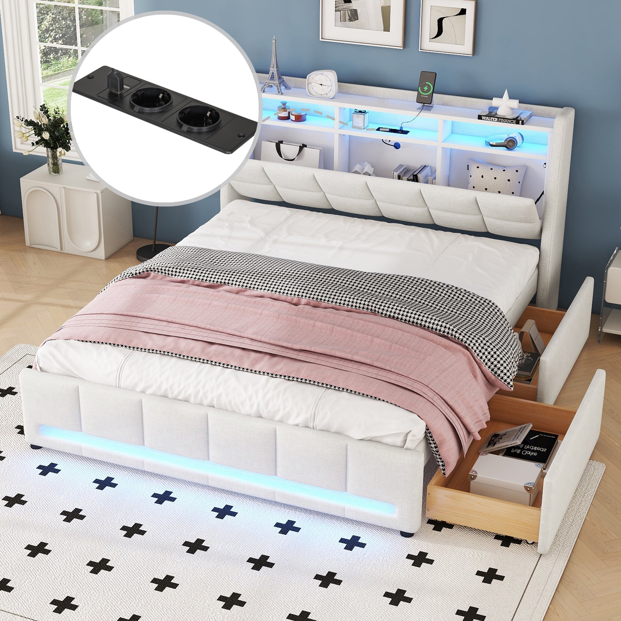 Logidon gestoffeerd bed 160x200 cm beige linnen met LED app bediening