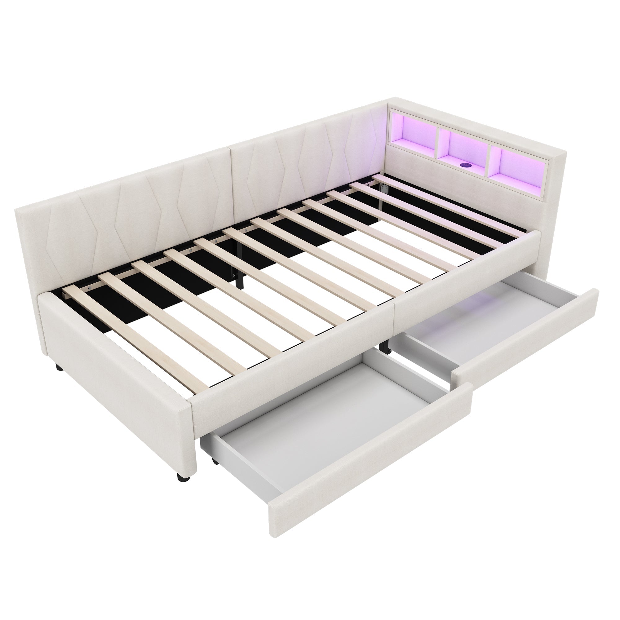 Logidon Dagbed 90x200 cm Beige Slaapbank Opbergvak met USB C LED