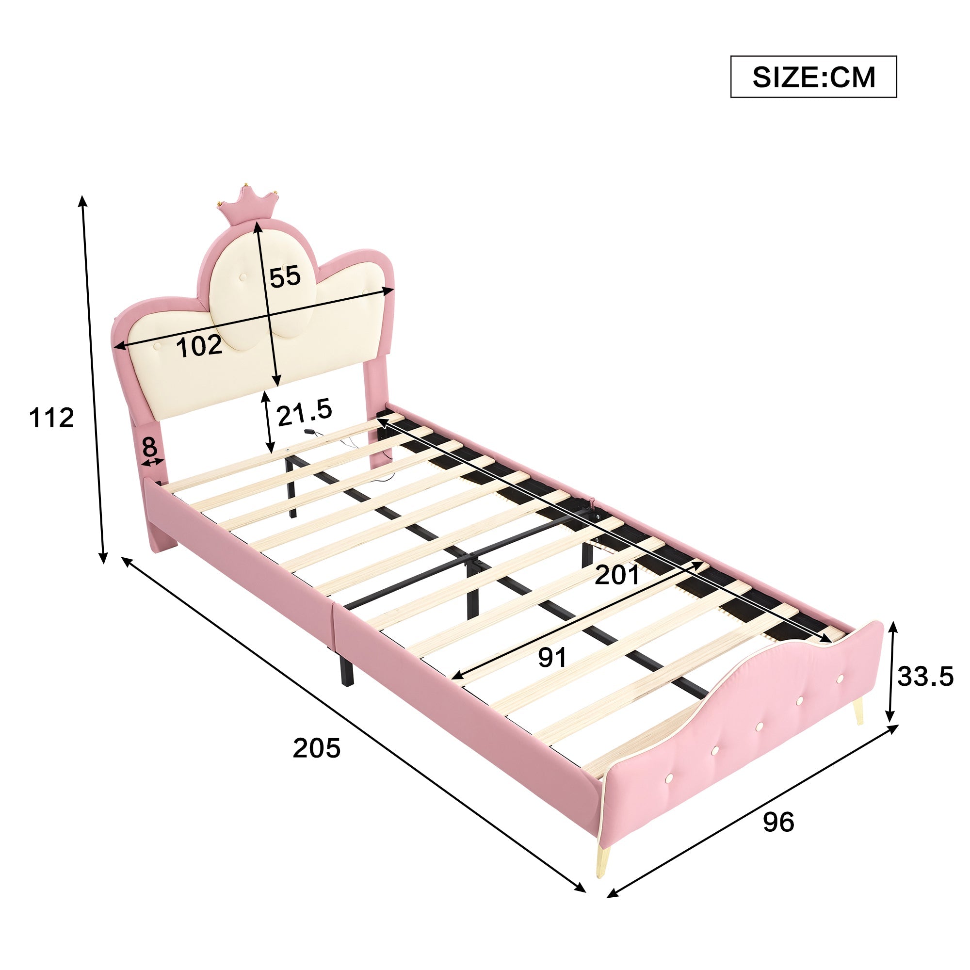 Logidon gestoffeerd bed kinderbed roze wit 90x200 met kroonhoofdbord