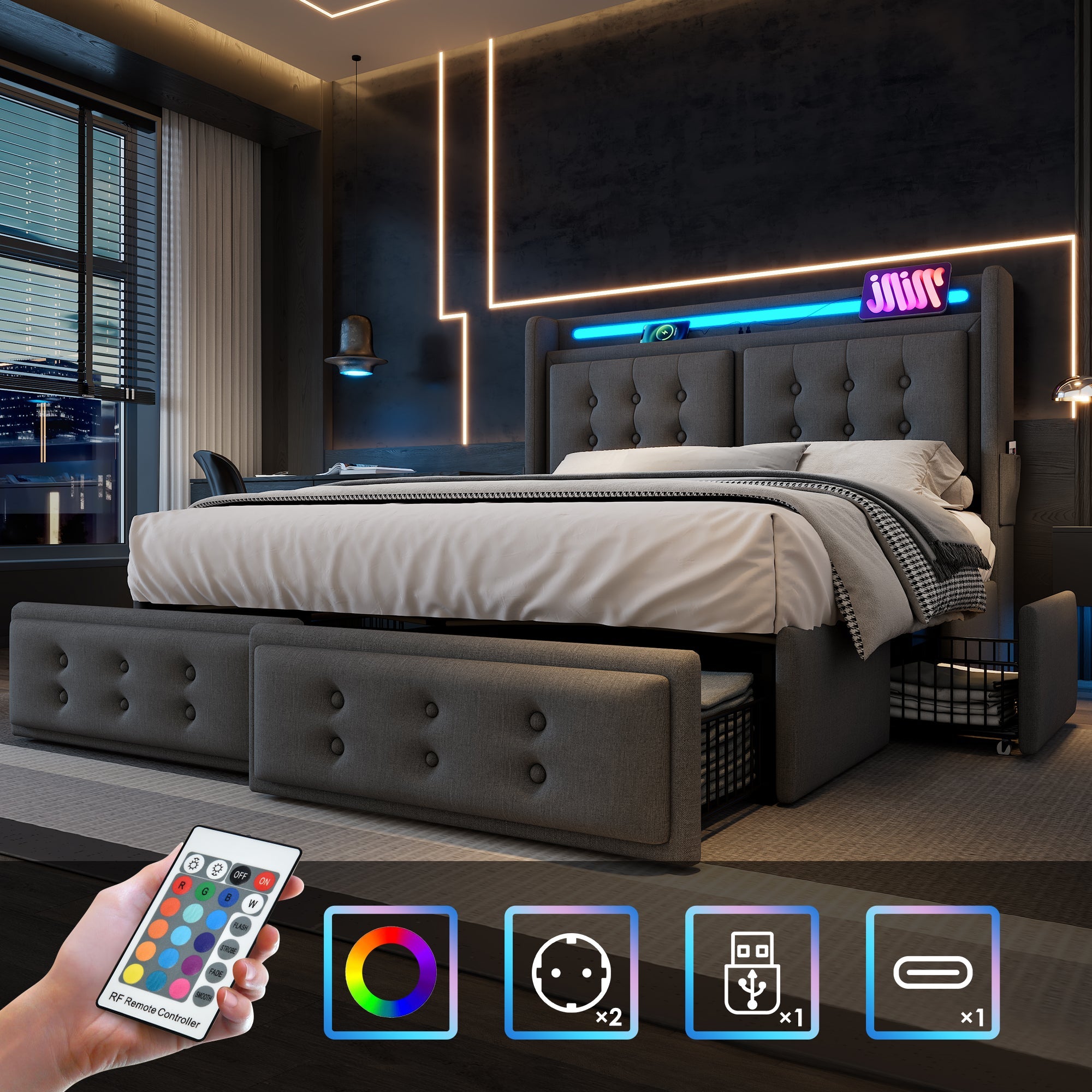 Logidon gestoffeerd bed 160x200 grijs met LED hoofdbord USB-C