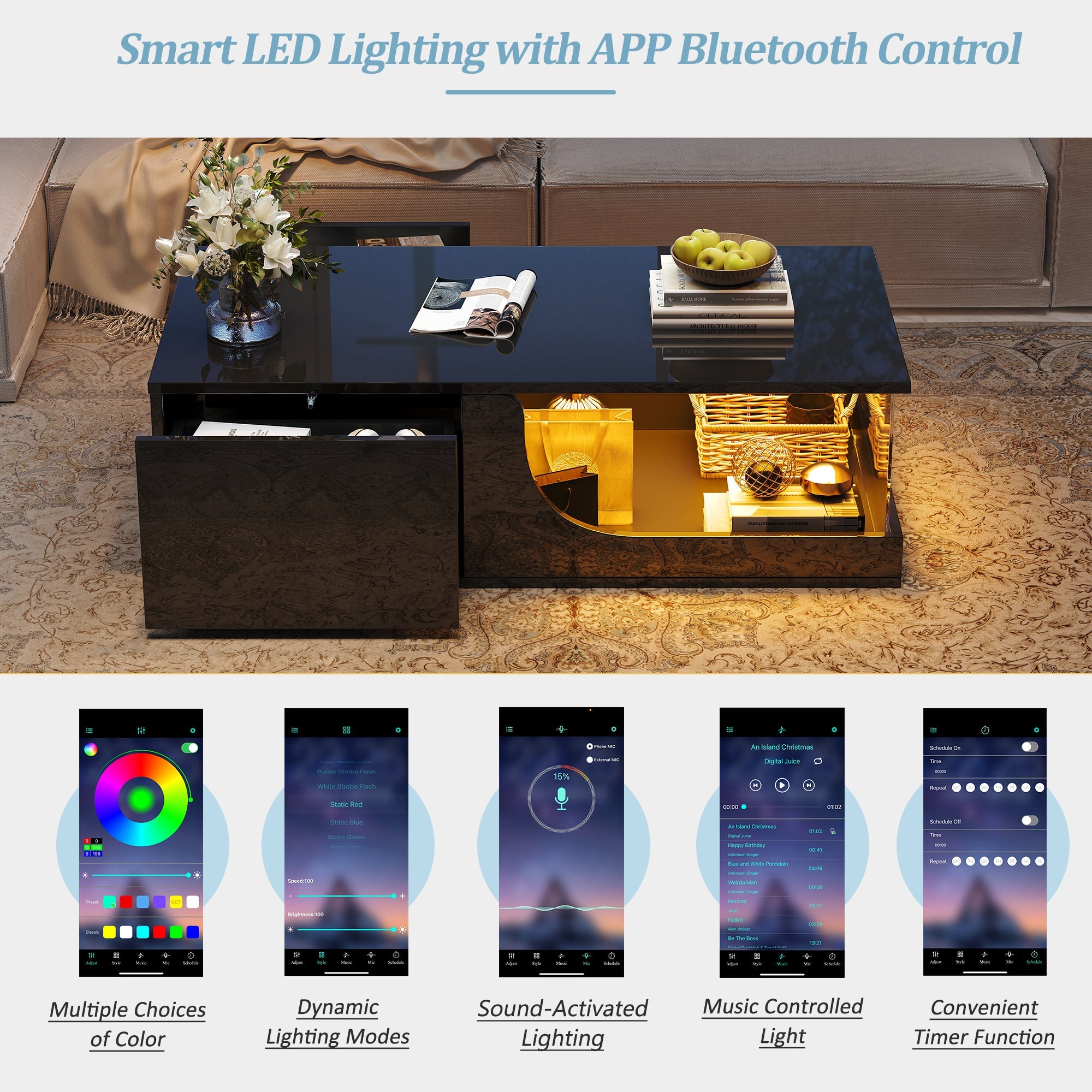 Logidon Zwarte hoogglans salontafel 100x50x30 cm LED-verlichting