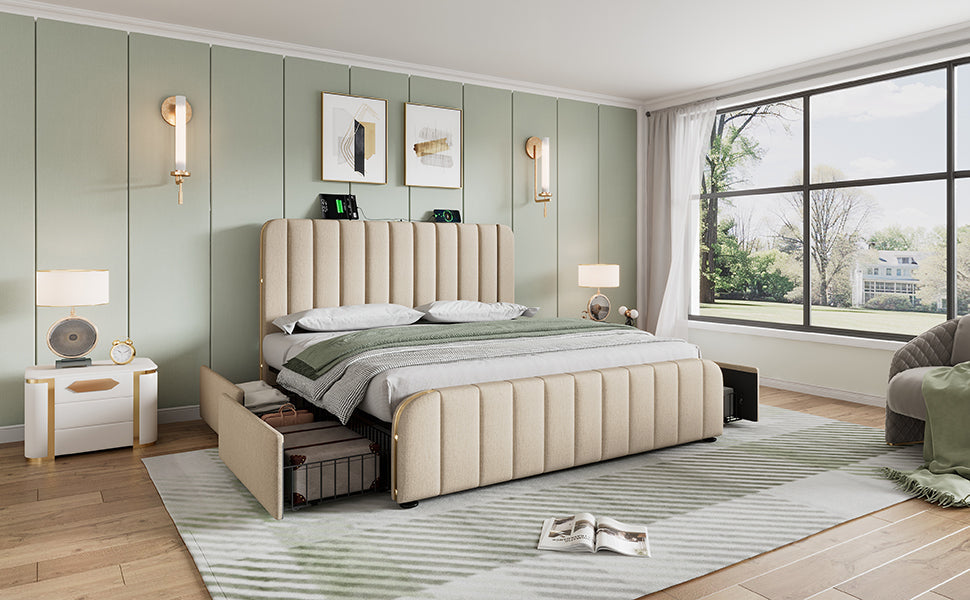 Logidon upholstered bed beige linen with USB Type C charging function 180x200 cm