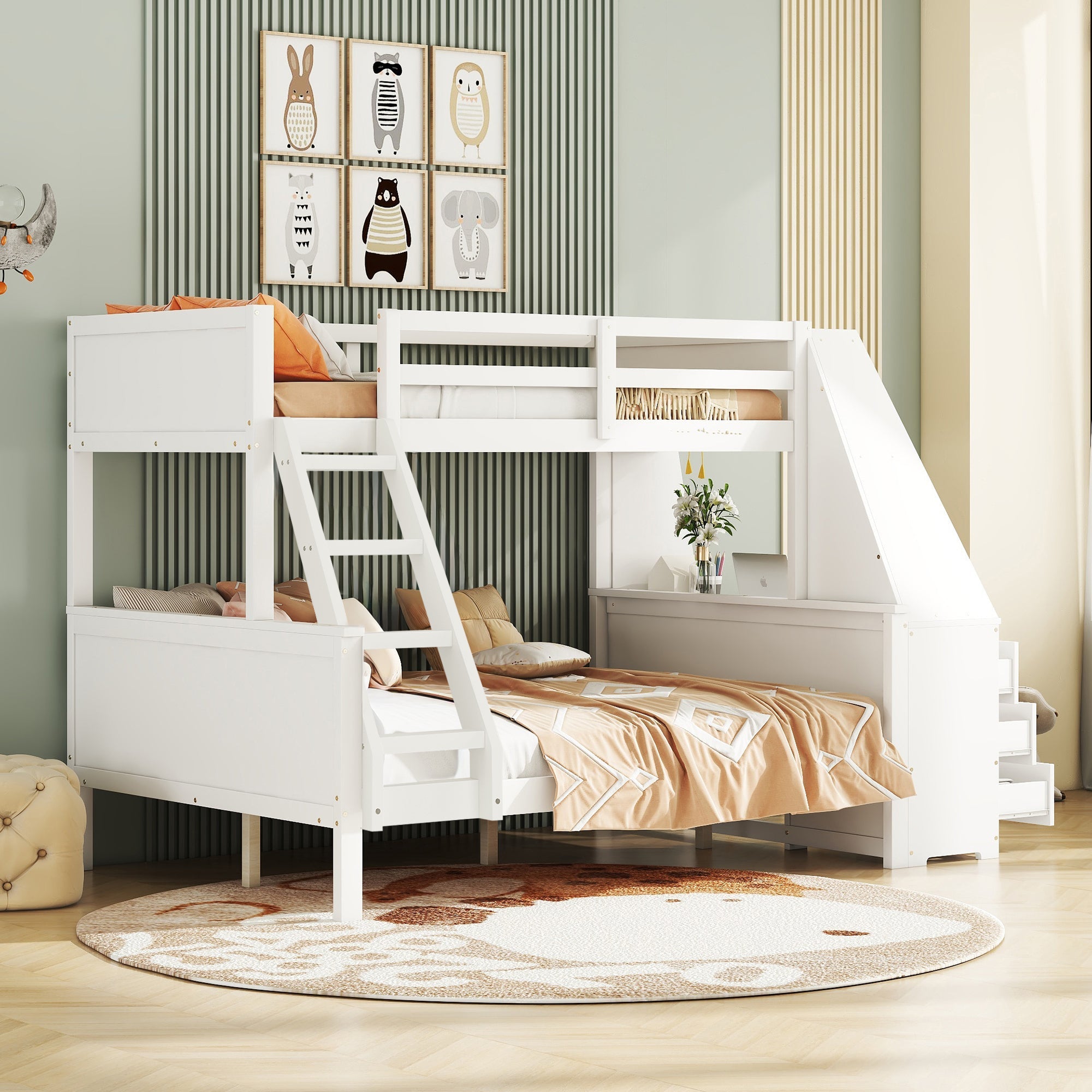 Logidon Bunk Bed 90x200 and 140x200 with Table and Storage Space White