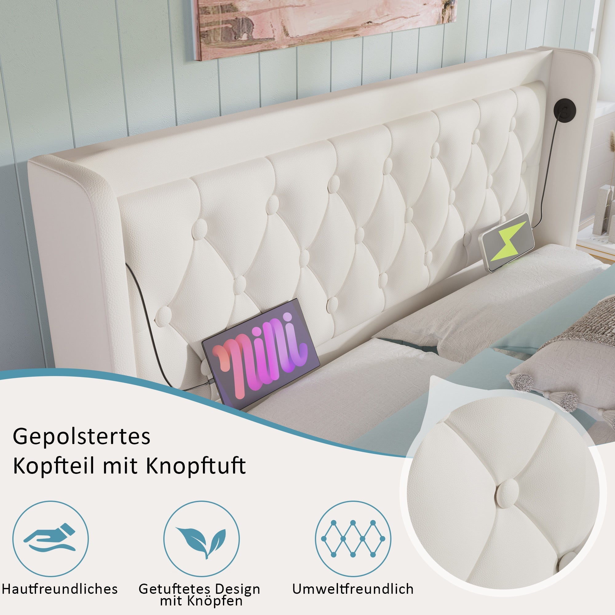 Logidon gestoffeerd bed 160x200 cm wit PU met USB Type C oplaadfunctie