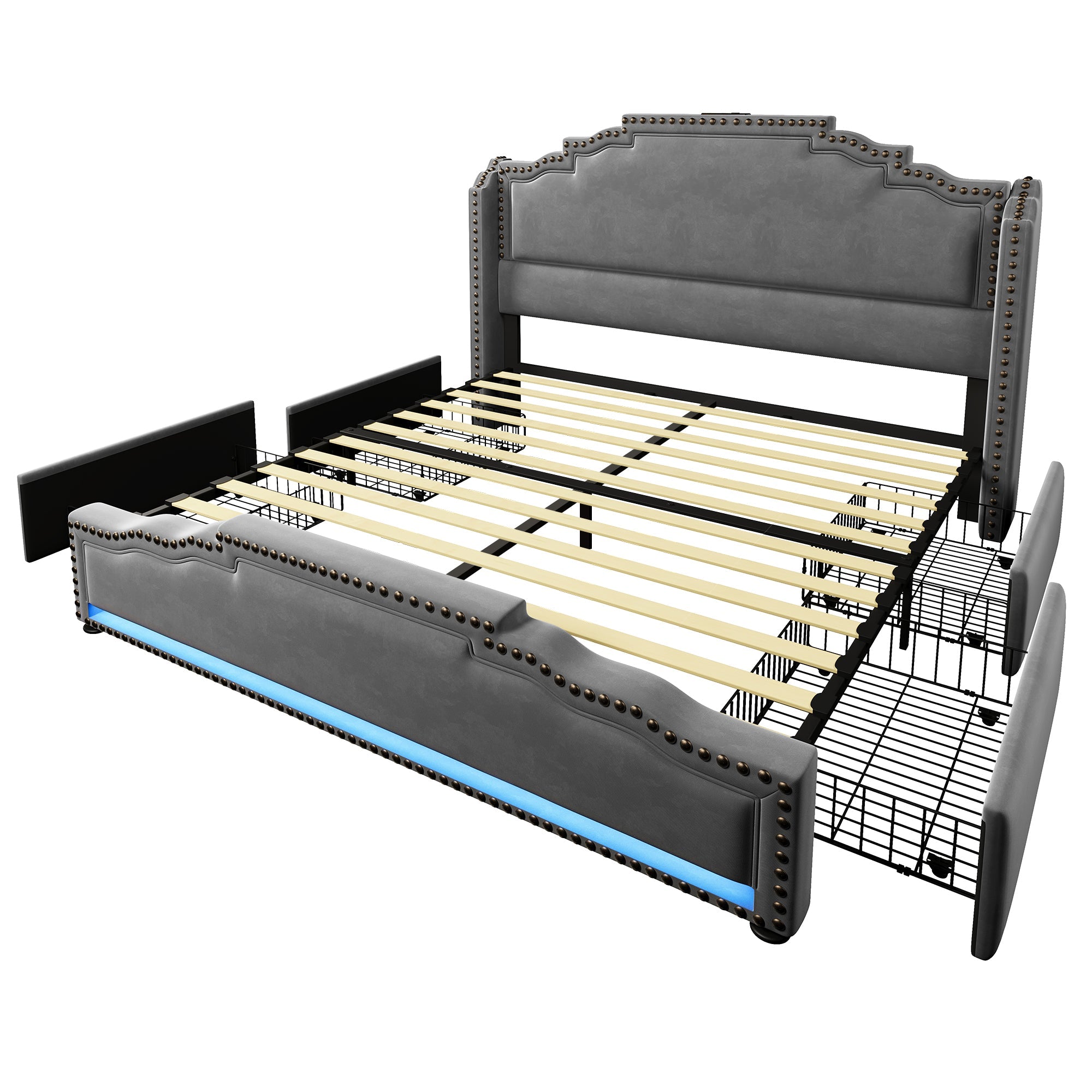 Logidon gestoffeerd bed 140x200 fluweelgrijs met 4 oplaad-LED-lampjes USB C