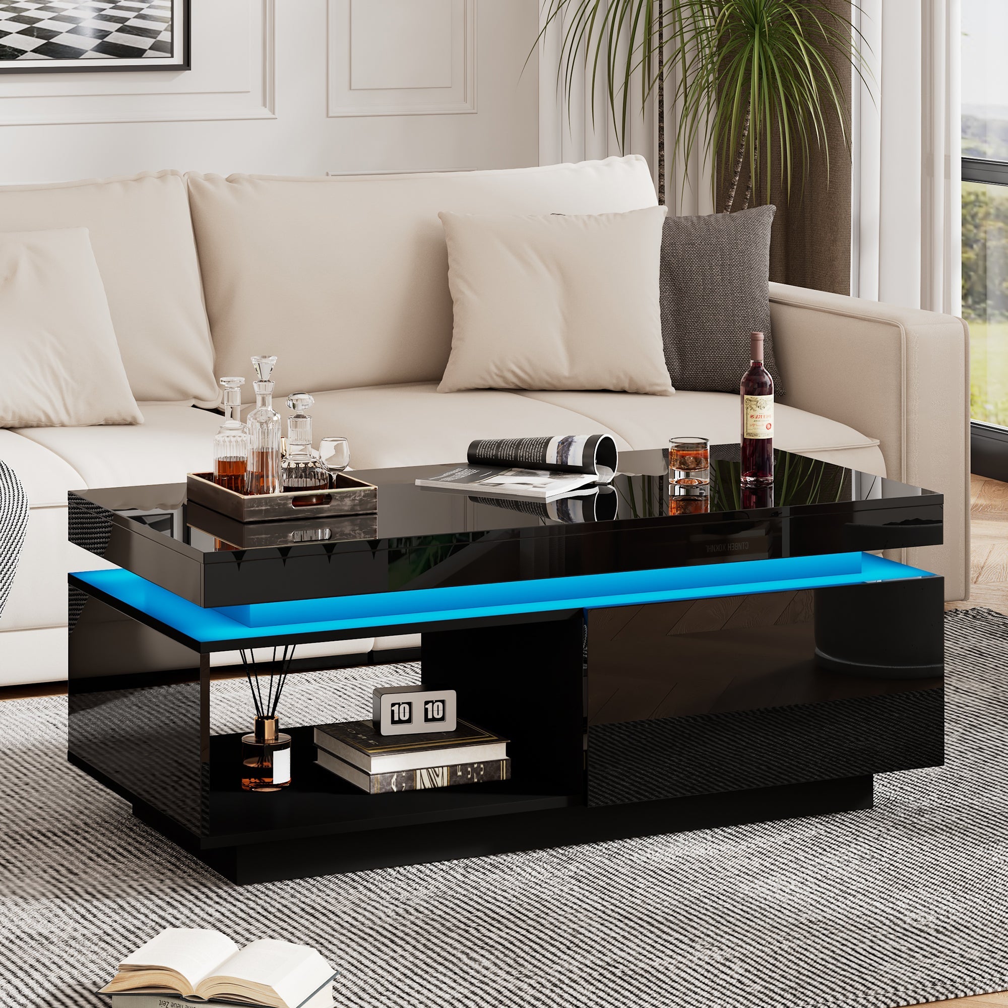 Logidon hoogglans salontafel zwart met LED verlichting 100x50x40 cm