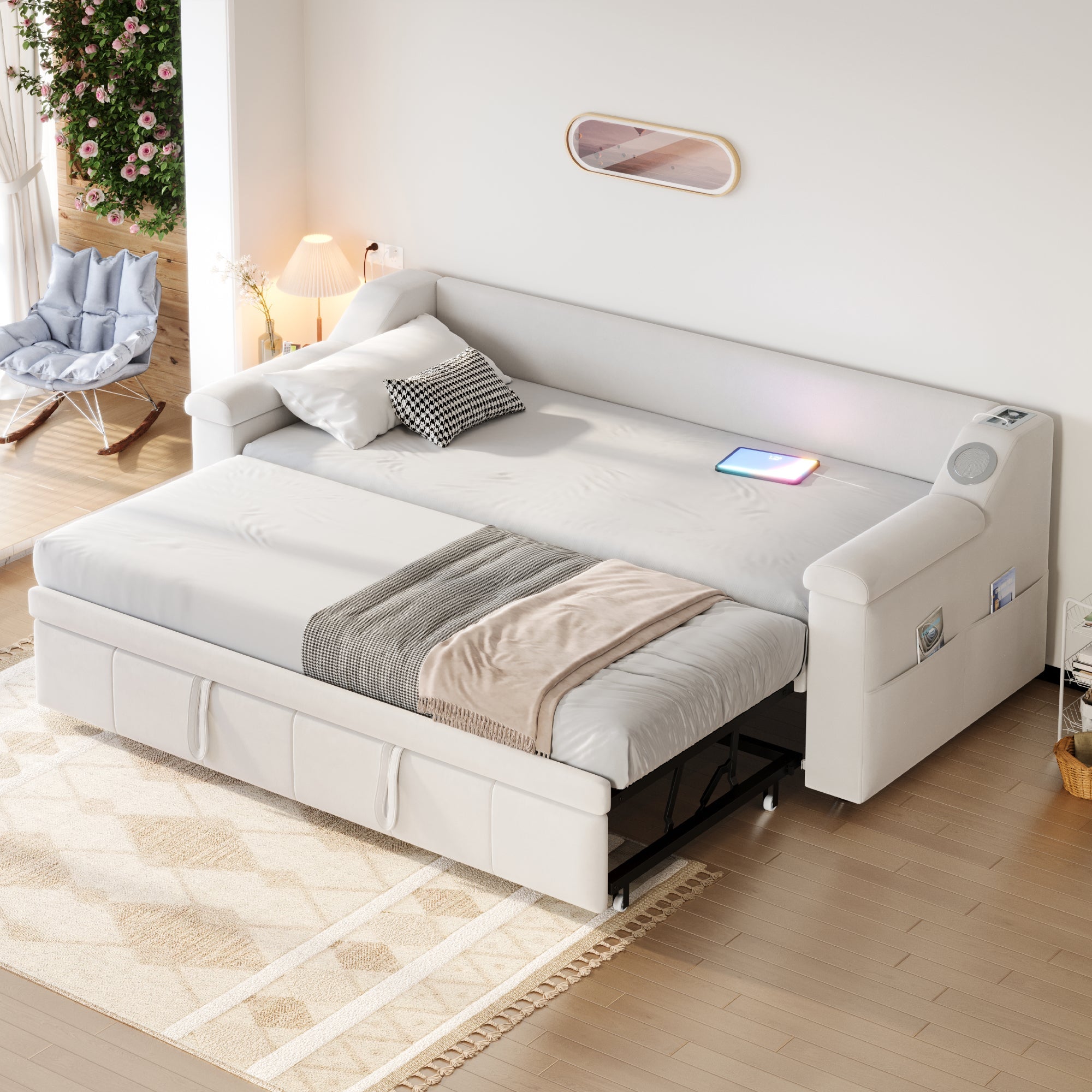 Logidon slaapbank gestoffeerd bed 90/180x190 beige fluweel Bluetooth