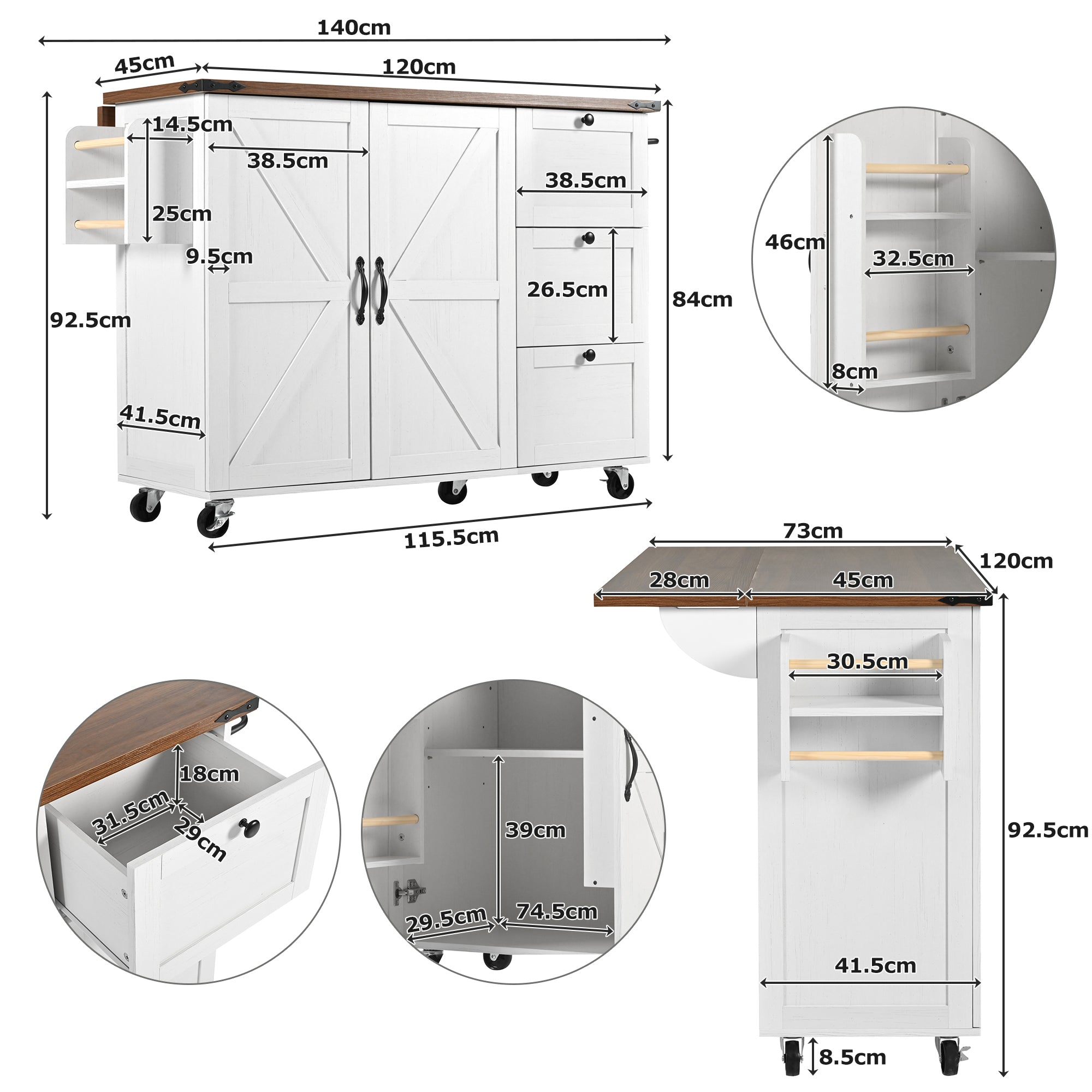 Logidon kitchen island with extendable worktop beige MDF 140 x 45 cm