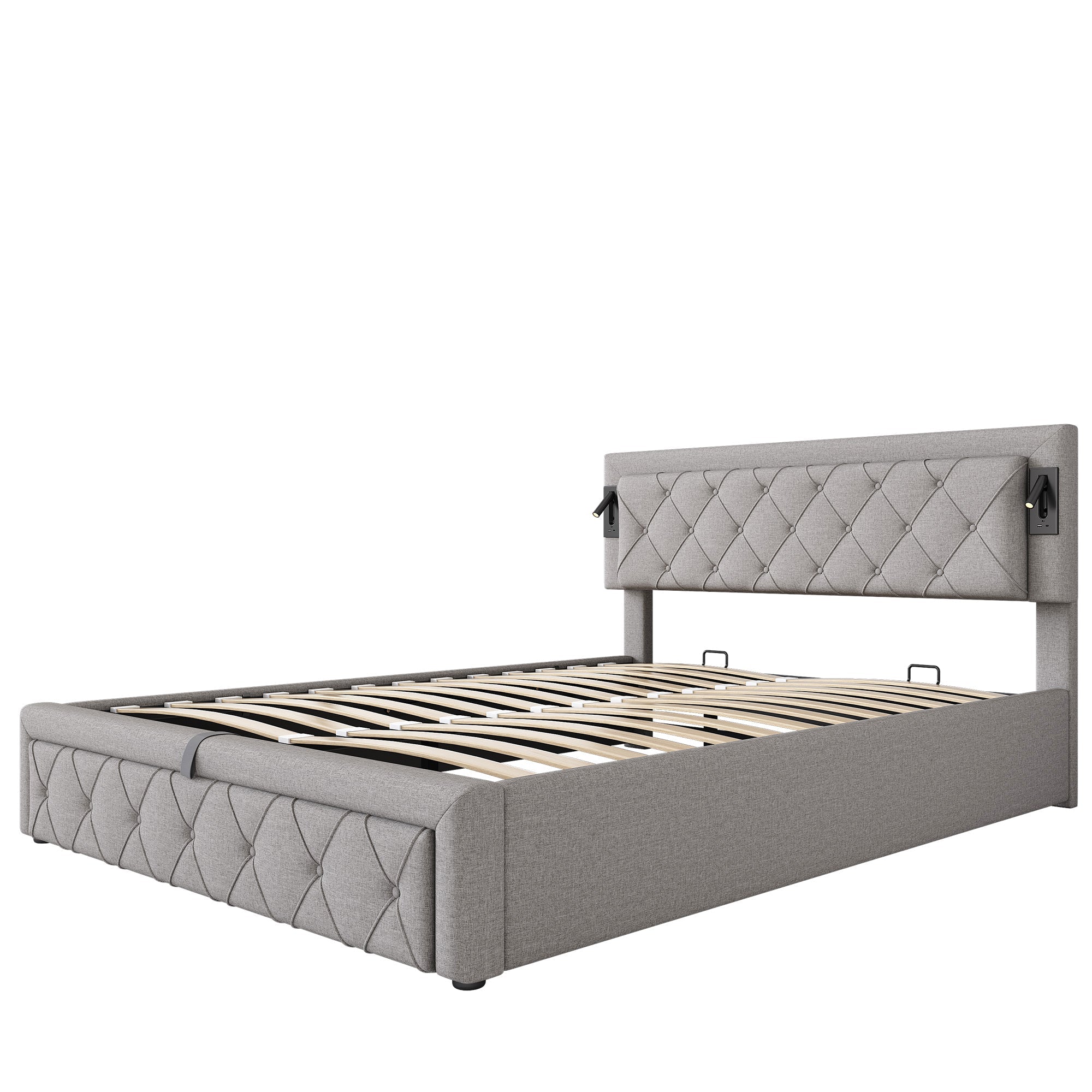 Logidon gestoffeerd bed 160x200 grijs met inbouwspot USB opbergruimte lattenbodem
