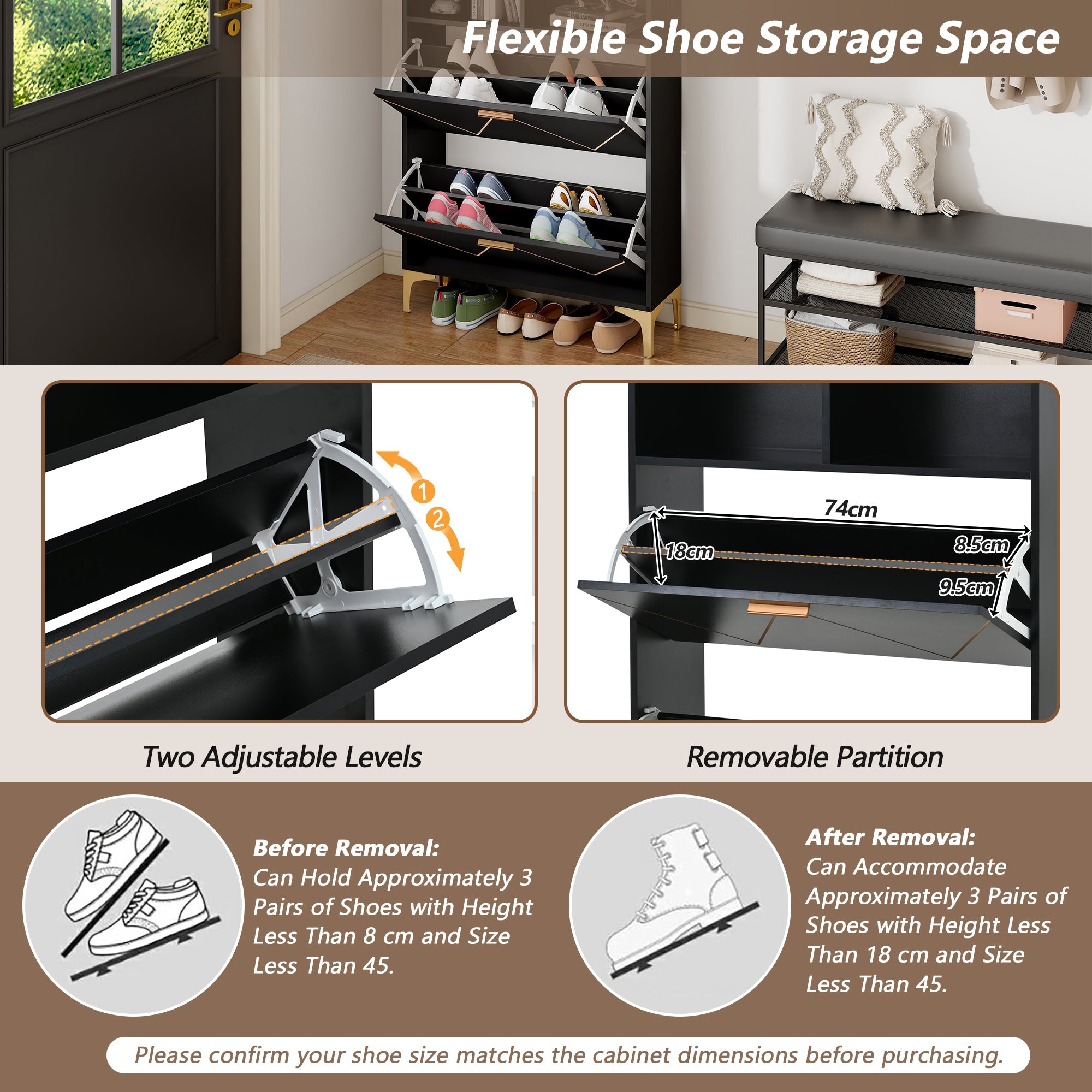 Logidon shoe cabinet 80x25x117 cm black with folding doors and four shoe shelves