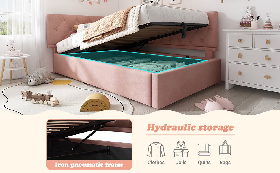 Logidon slaapbank 90x190 roze fluweel met hydraulische opbergruimte