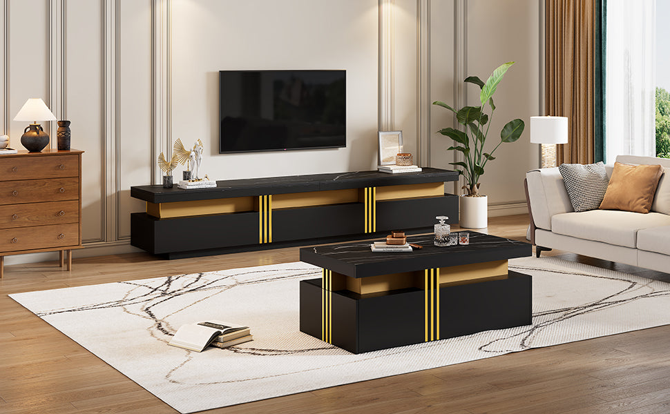 Logidon Zwarte tv-wandmeubelset 2 tv-kast salontafel marmerlook