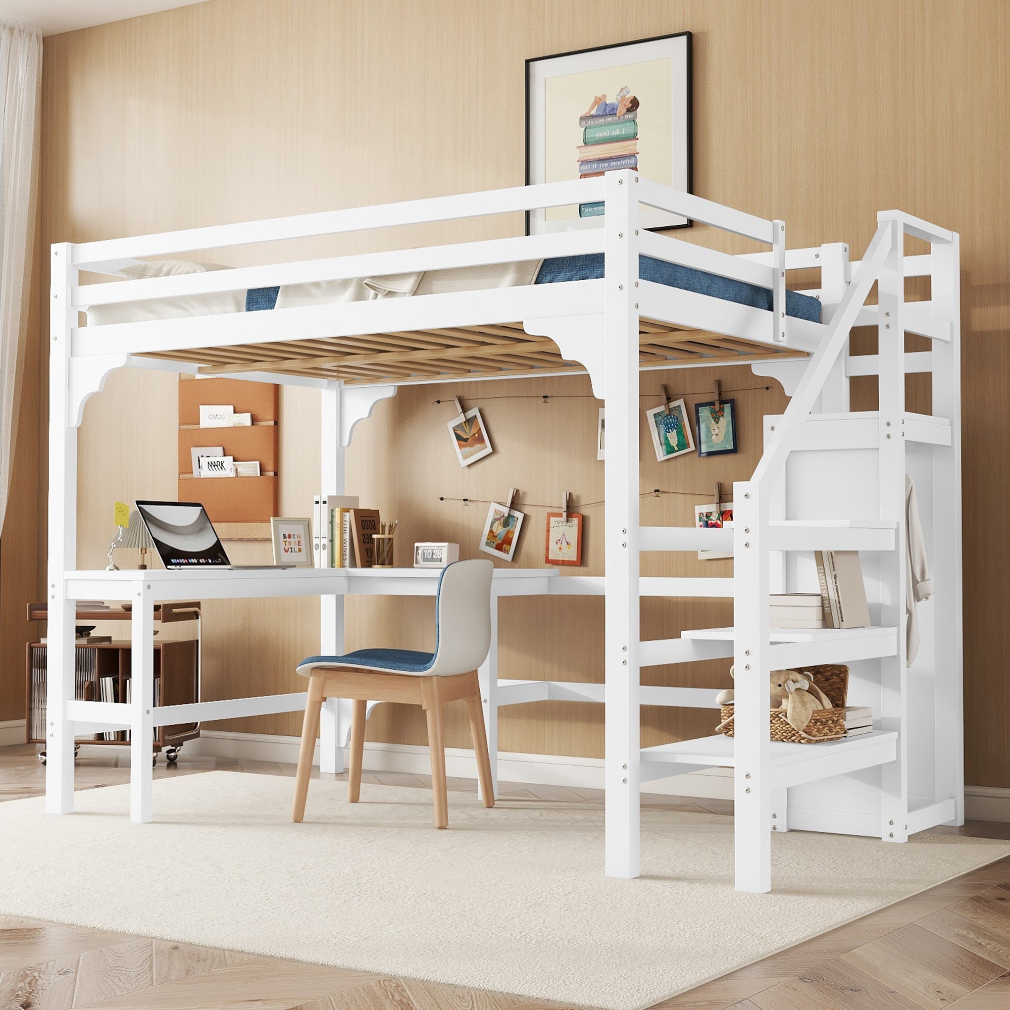Logidon hoogslaper 140x200 cm wit met L-vormig bureau en opbergruimte