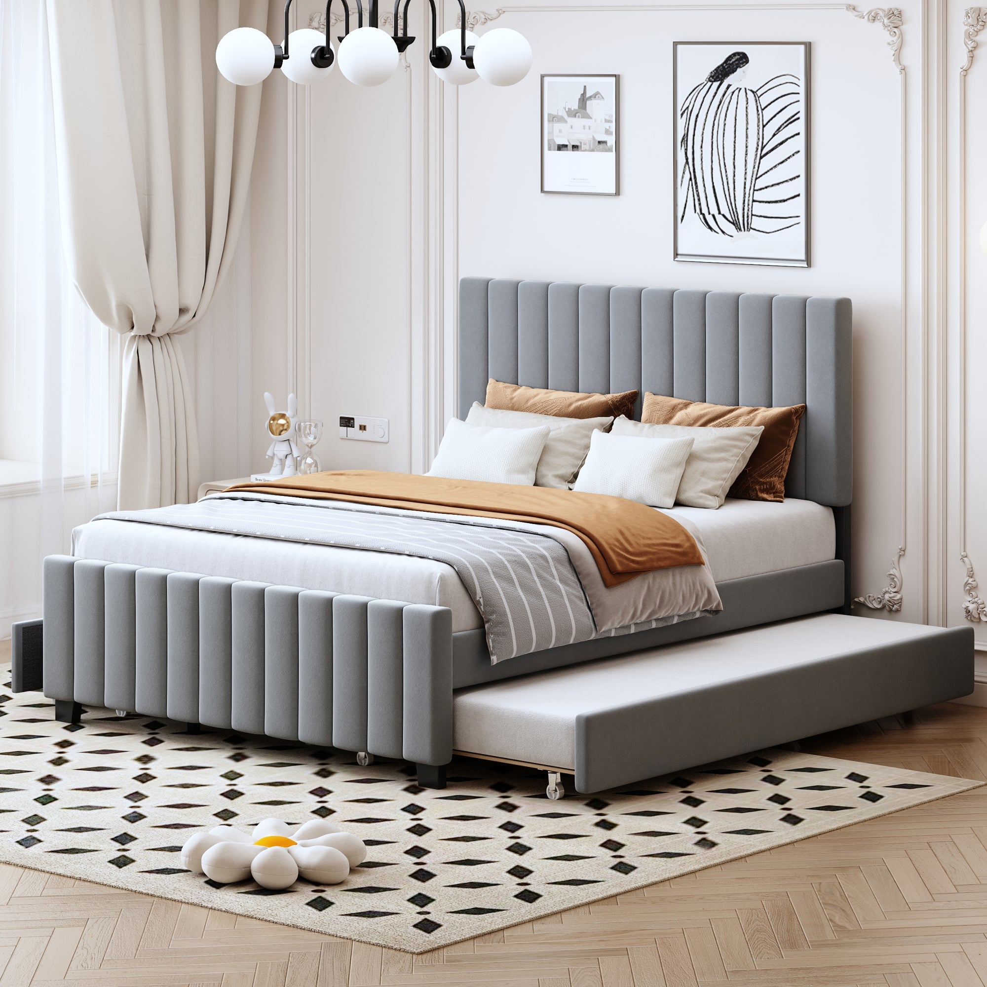 Logidon gestoffeerd bed 140x190 cm uitschuifbaar bed twee laden grijs fluweel