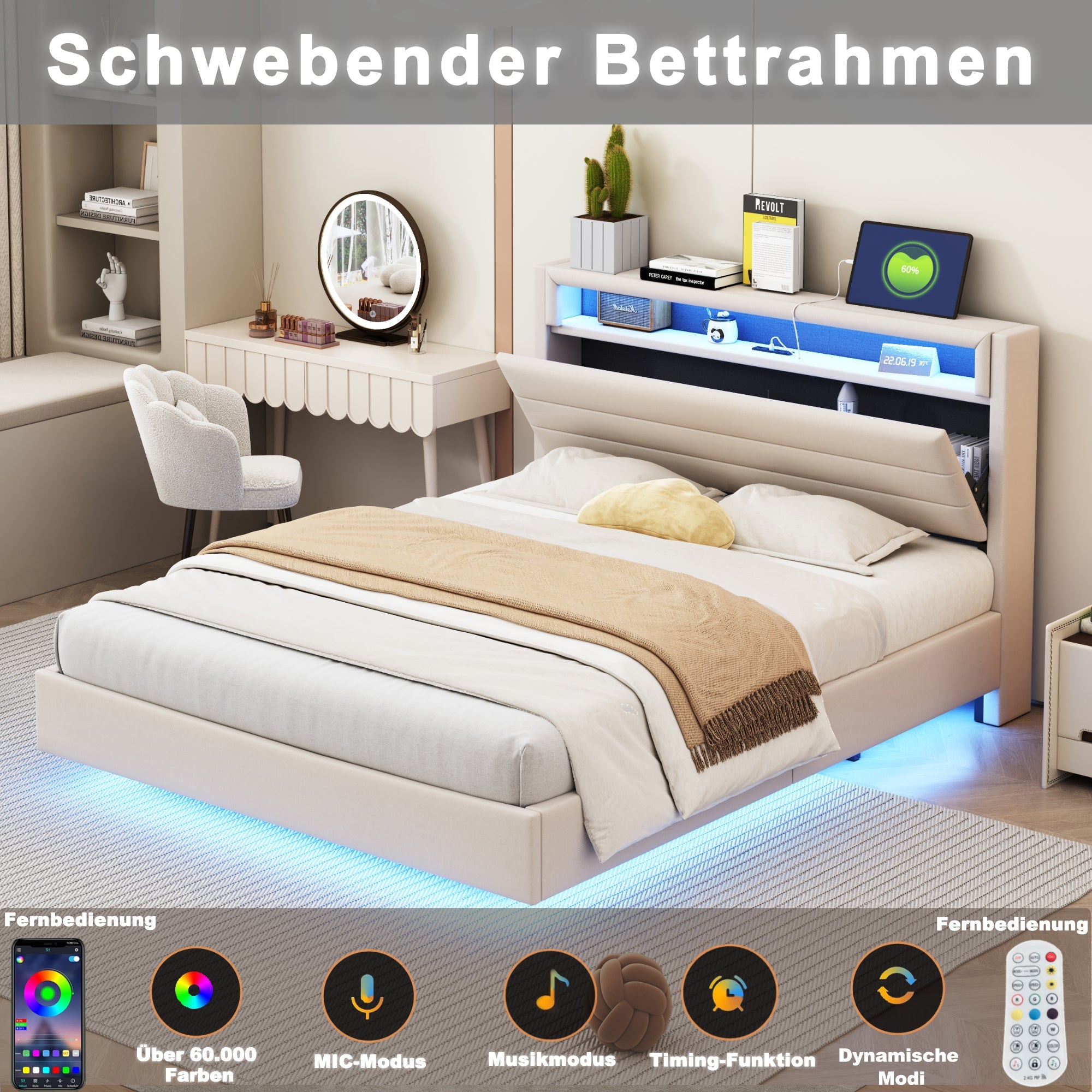 Logidon gestoffeerd bed 160x200 beige met USB-aansluiting en LED-verlichting