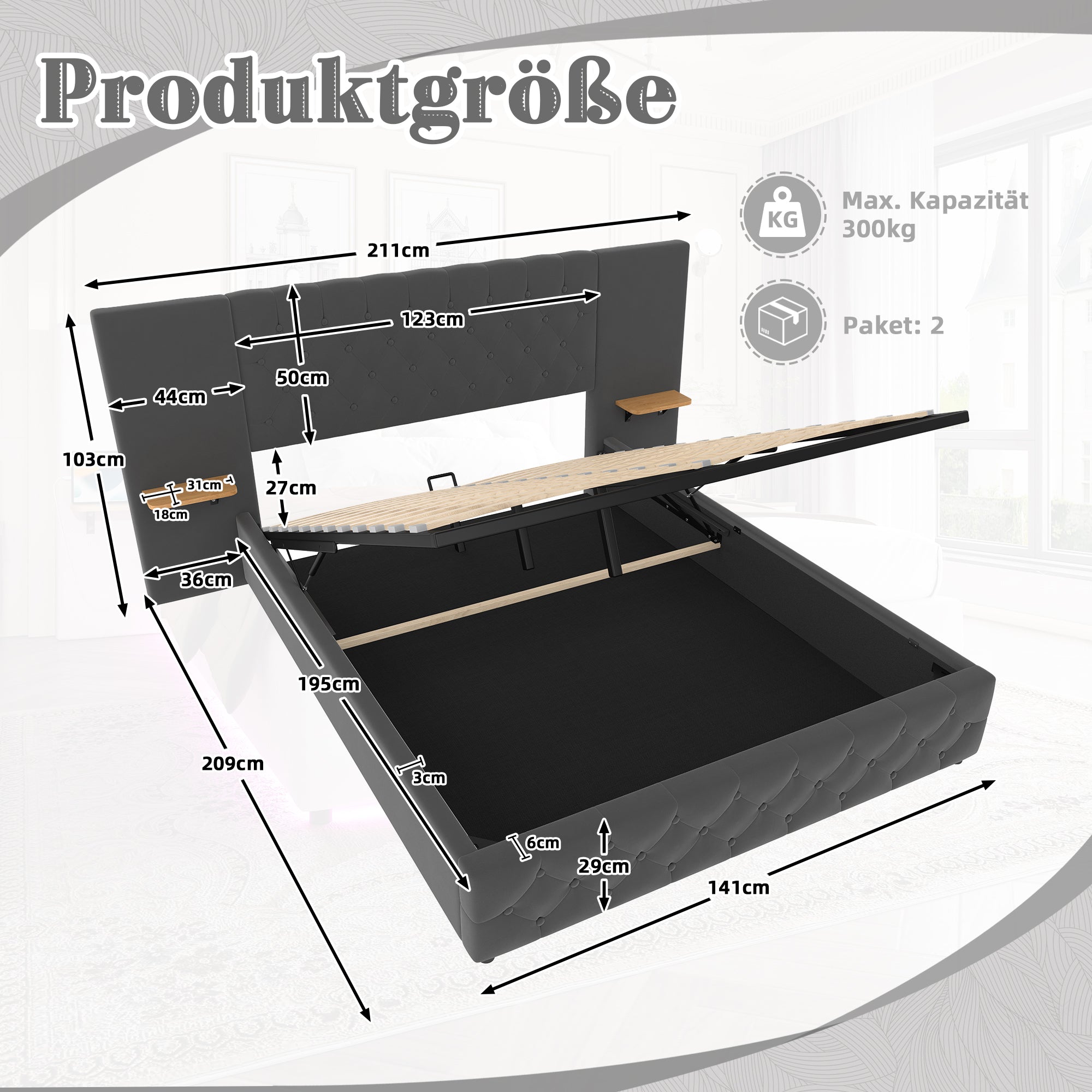 Logidon bedframe 140x200 cm grijs fluweel breed hoofdbord LED
