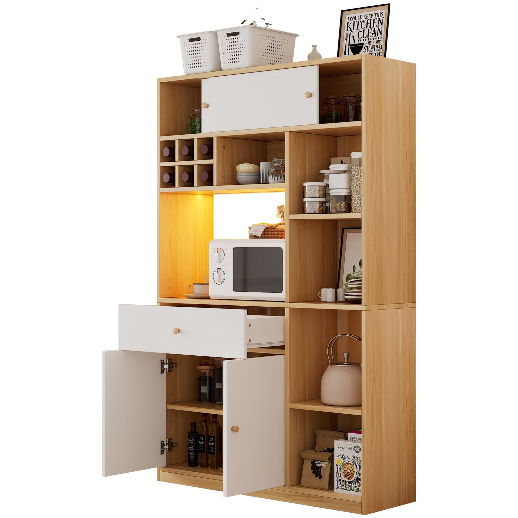Logidon keukenkast buffet met LED-verlichting, 115x35x180 cm, naturel