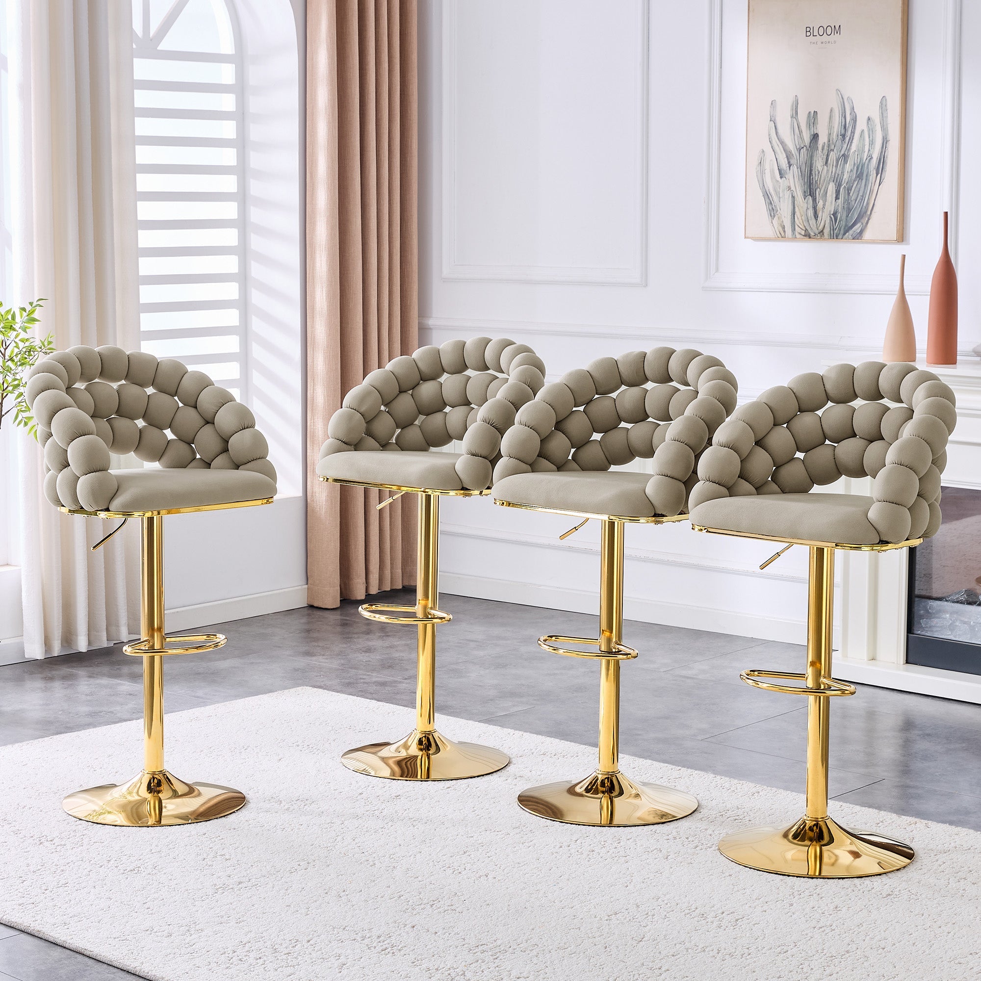 Logidon grijze fluwelen barkrukken set van 2 kogelketting rugleuning gouden frame