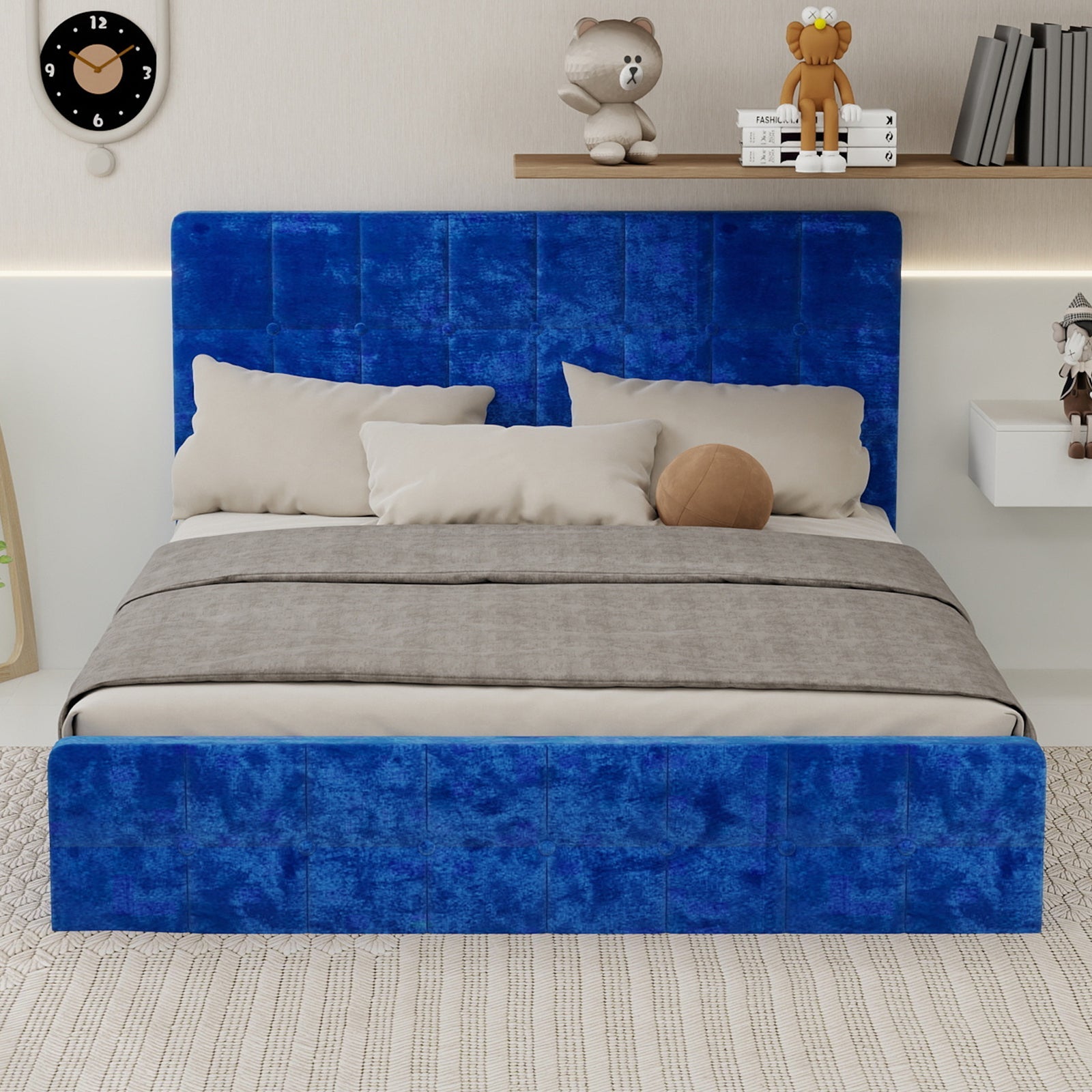 Logidon fluwelen bed 160x200 met hoofdbord en opbergruimte blauw