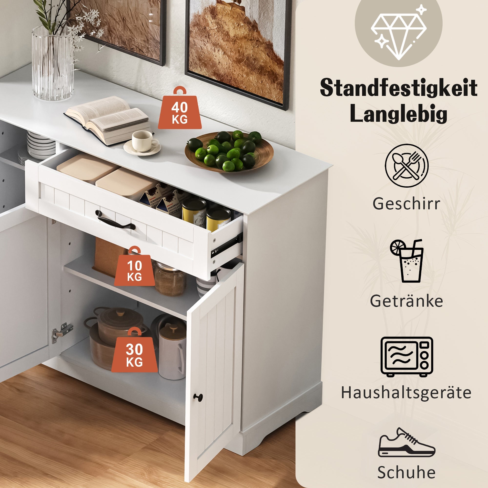Logidon dressoir wit - 3 deuren, 1 lade, moderne buffetkast 107 cm