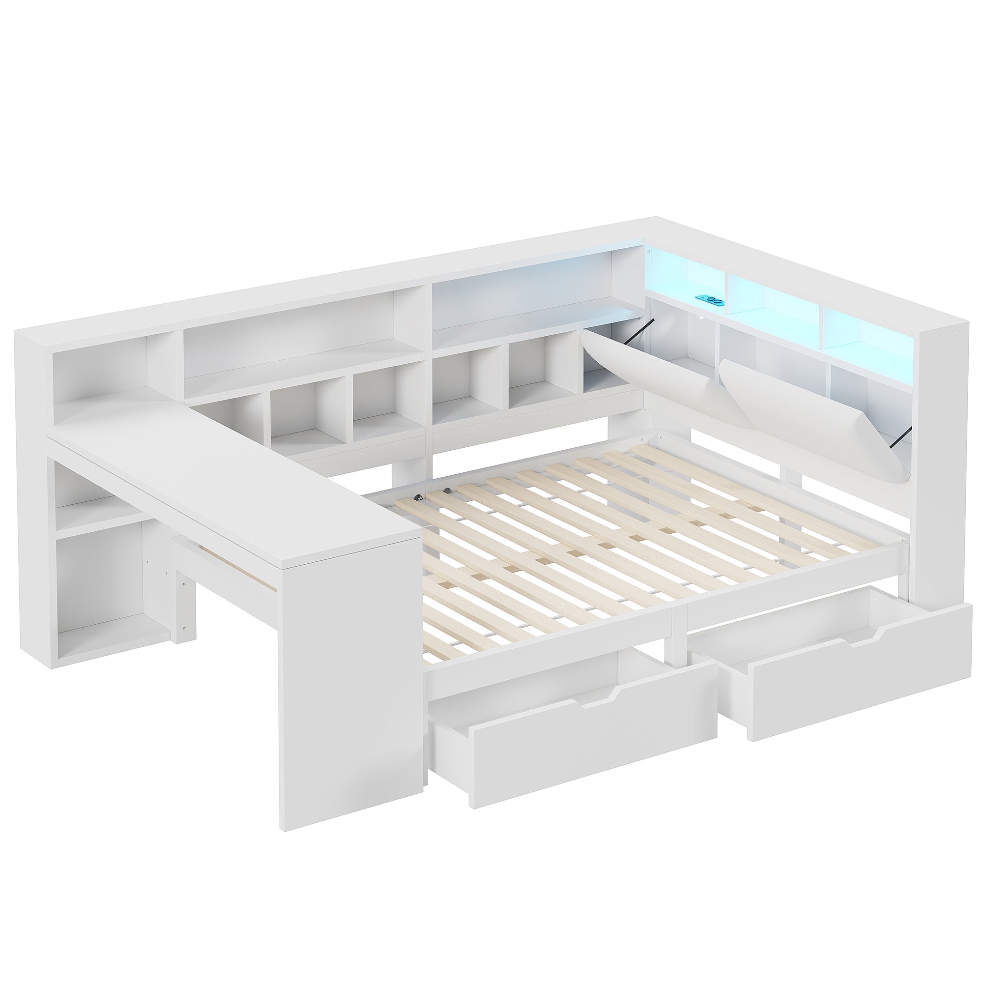 Logidon Hoekbed 140x200 L-vorm met Bureau Boekenplank Wit