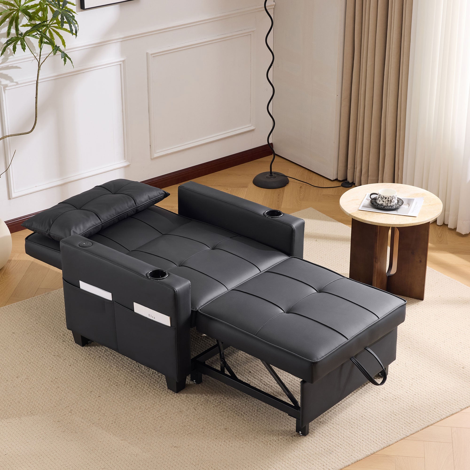 Logidon 3-in-1 uitschuifbare slaapbank, fauteuil, zwarte USB-bekerhouder