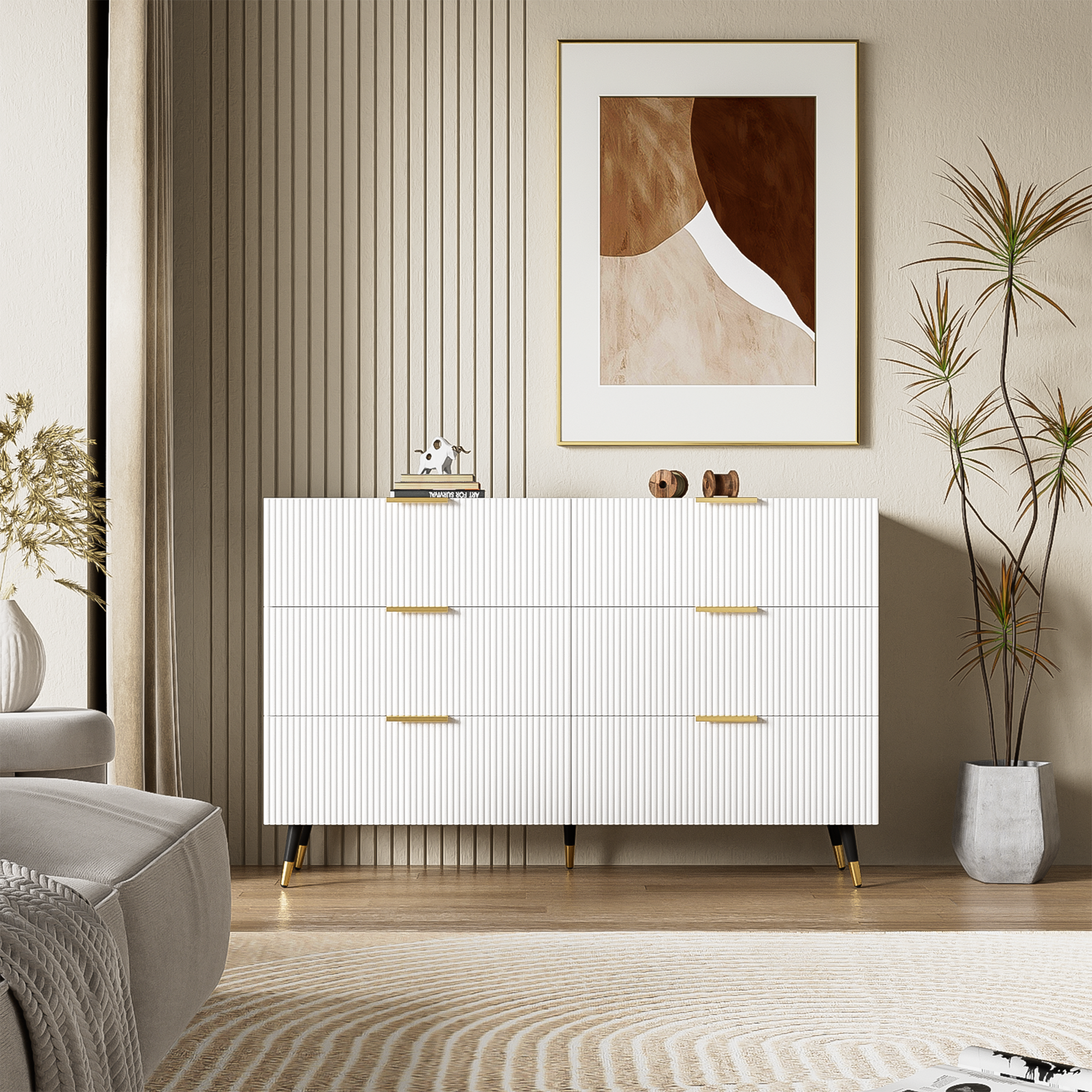 Logidon Elegant sideboard white 120x40x77 cm 6 drawers gold accents