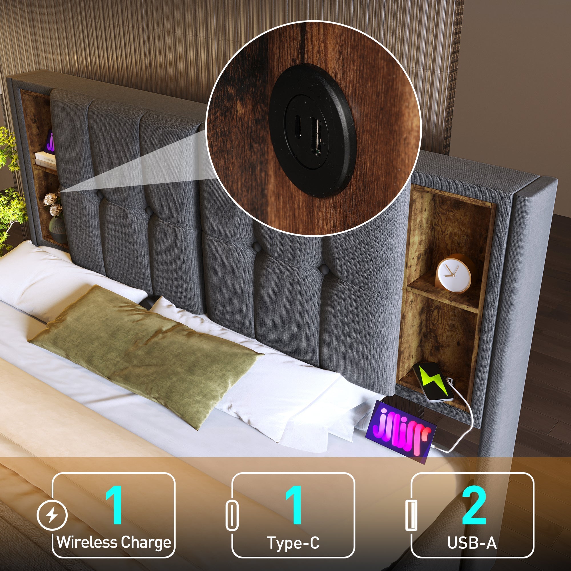Logidon double bed 160x200 cm wireless charging USB C upholstered bed gray