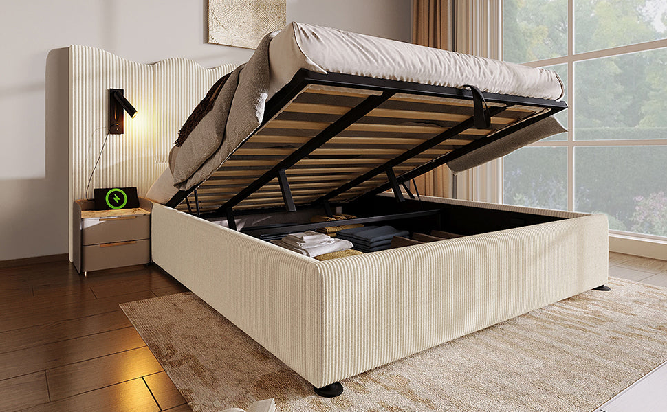 Logidon gestoffeerd bed tweepersoonsbed 180x200 beige-wit leeslamp USB-C opladen