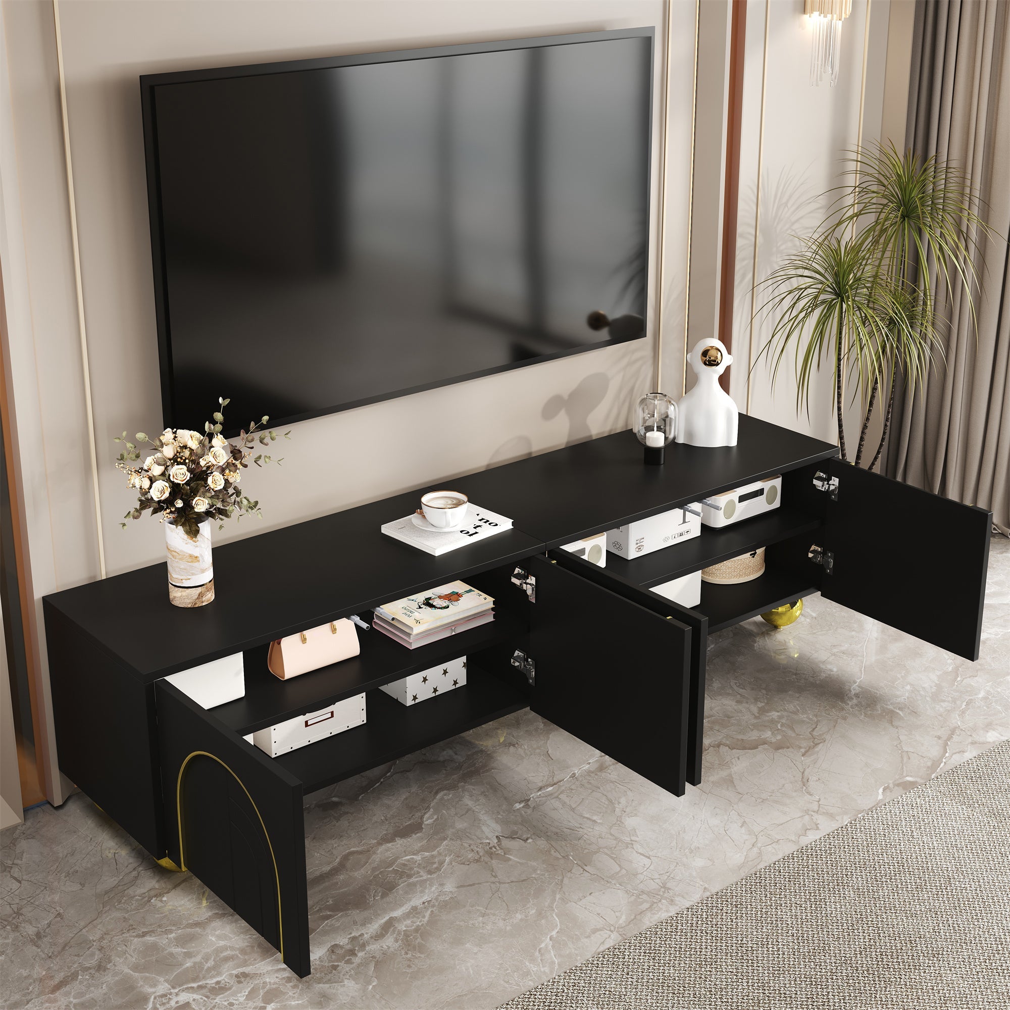 Logidon TV-meubel zwart met gouden accenten en push-to-open 170 cm