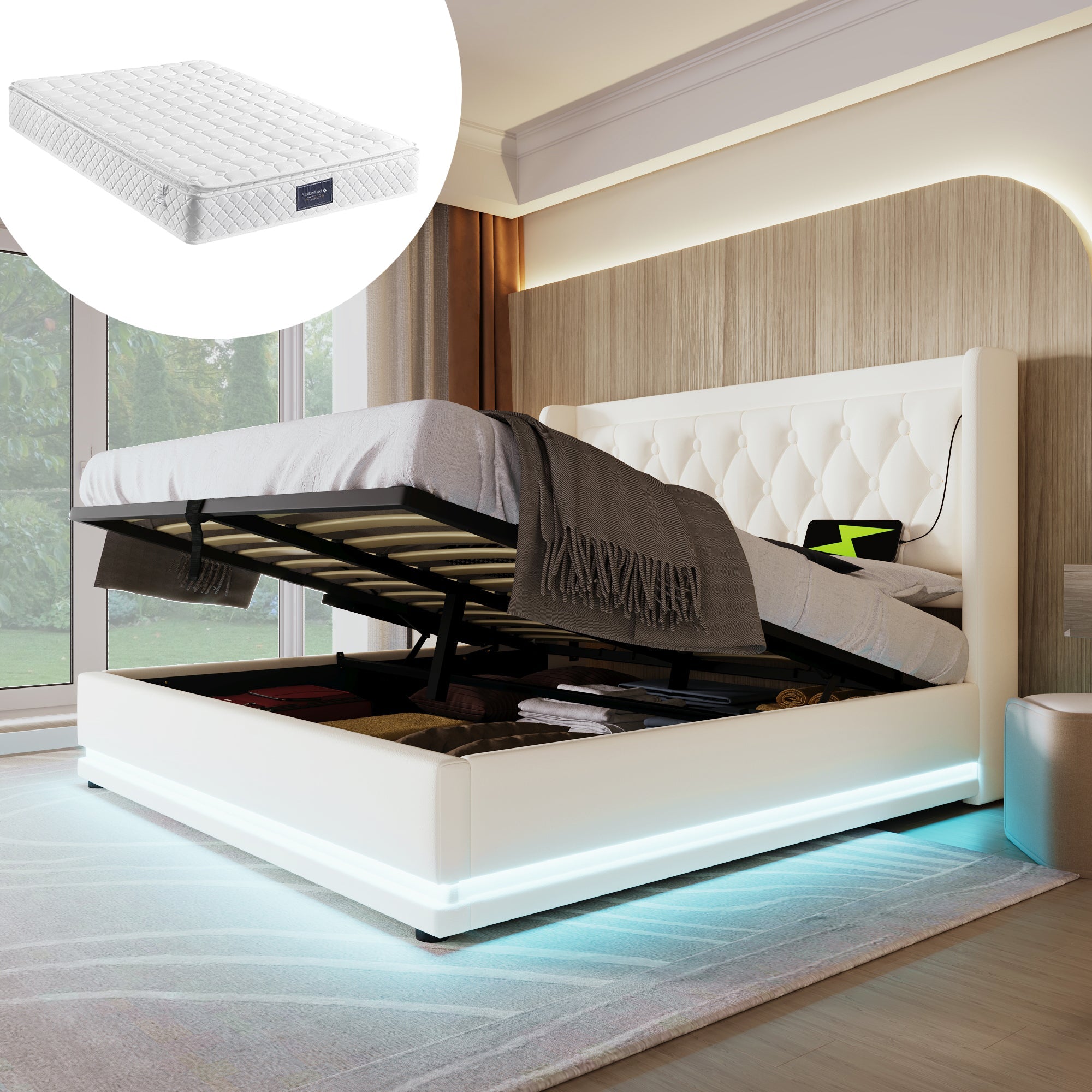 Logidon gestoffeerd bed 160x200 cm wit PU met USB Type C oplaadfunctie