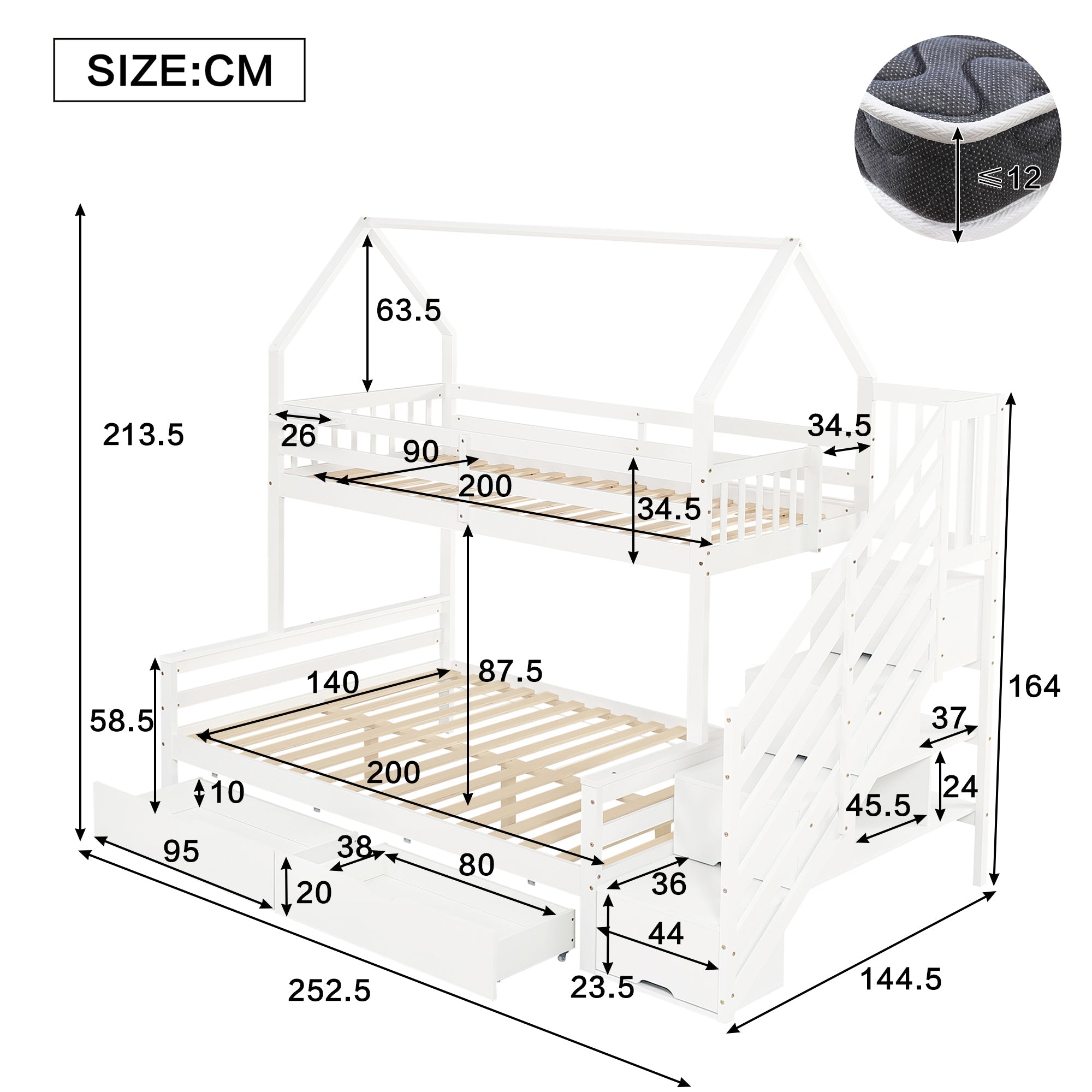 Logidon stapelbed kinderbed wit 90x200 en 140x200 met dakdesign