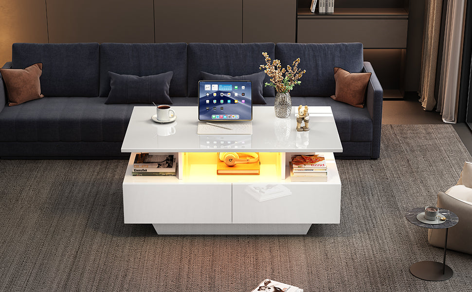 Logidon hoogglans salontafel LED, 2 lades, 90x55x41 cm wit
