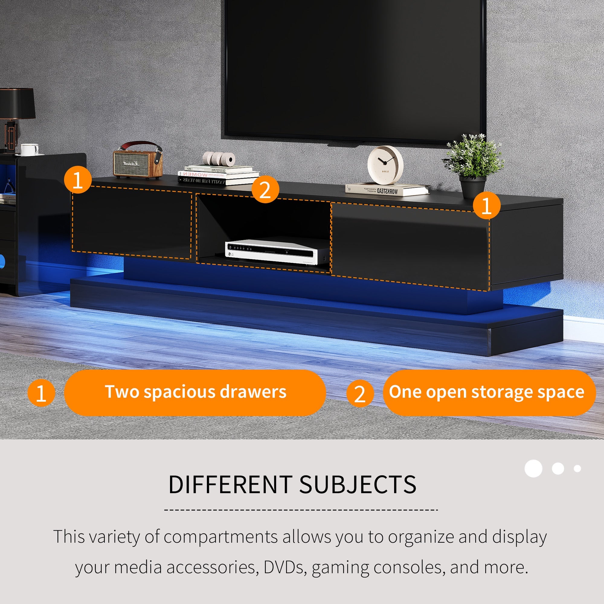 Logidon Zwart Hoogglans TV-meubel 160 CM Met LED 2 Laden