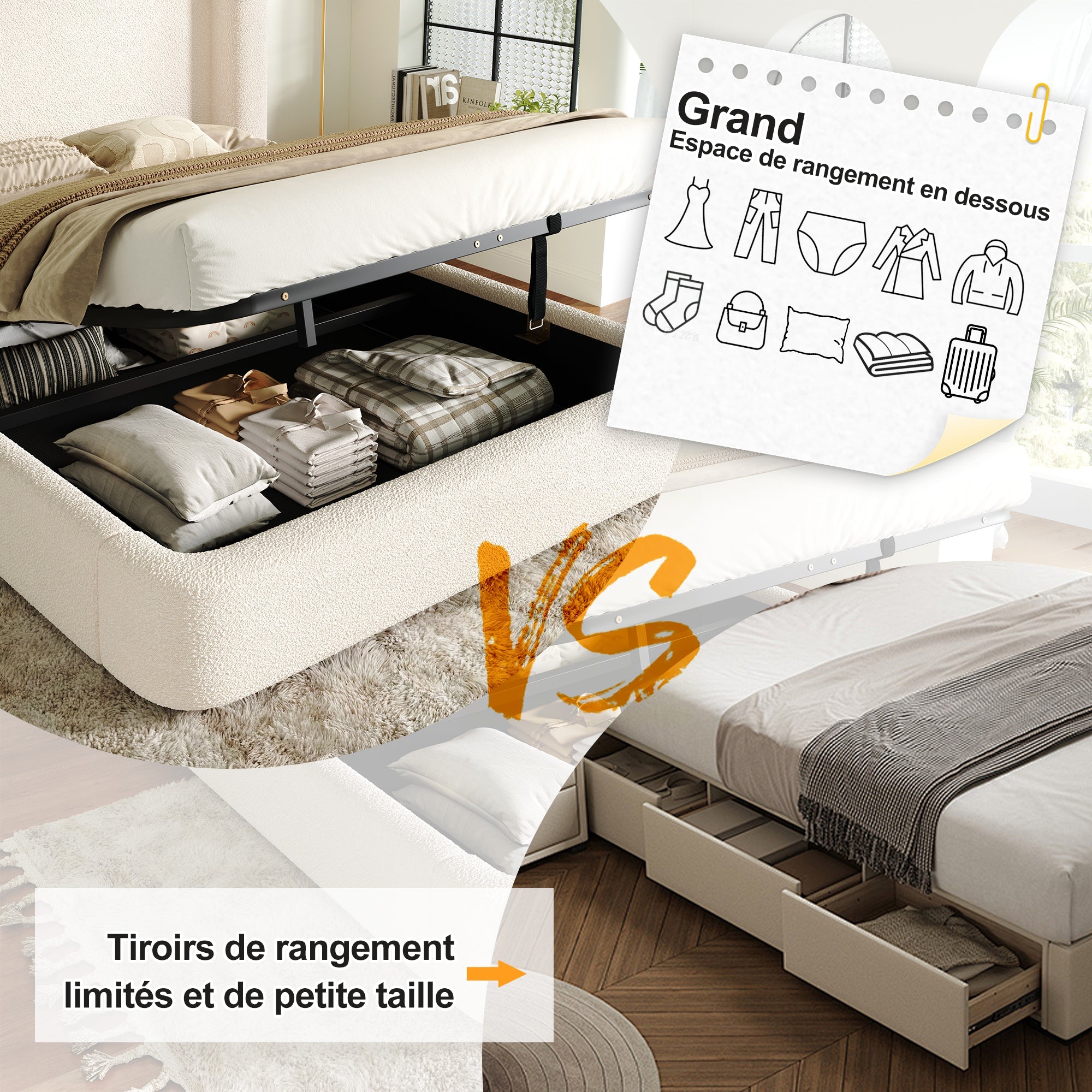 Logidon gestoffeerd bed tweepersoonsbed 160x200 beige bouclé met opbergruimte
