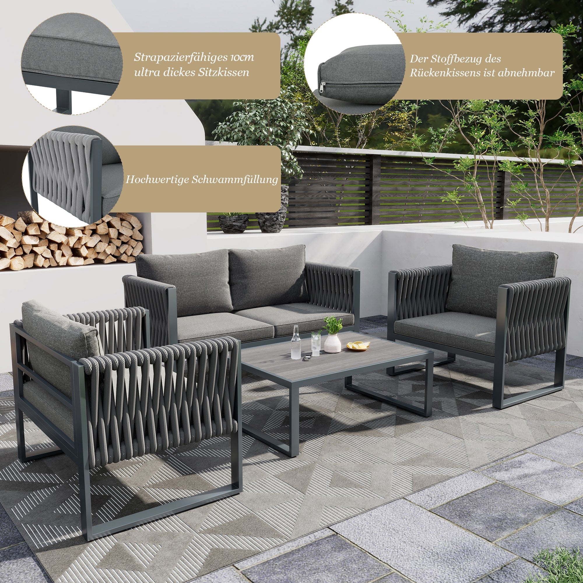 Logidon Tuinloungeset Grijs Touw met Gegalvaniseerd Ijzeren Frame Set van 4
