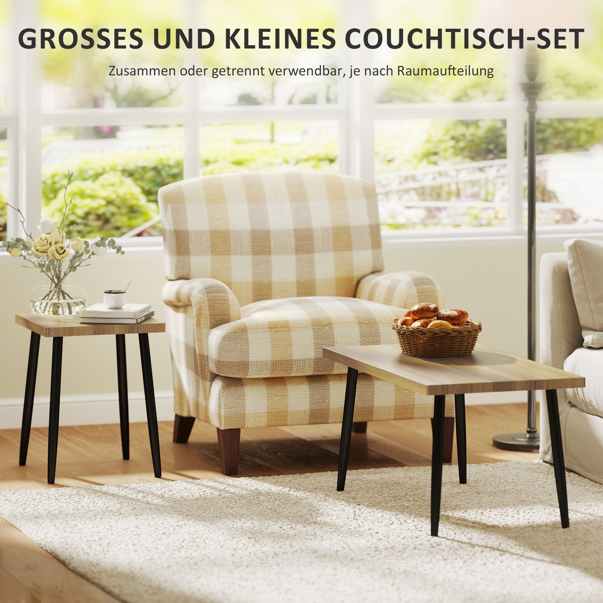 Logidon Set van 2 salontafels Natuurlijk hout Zwart stalen frame 90x50x45