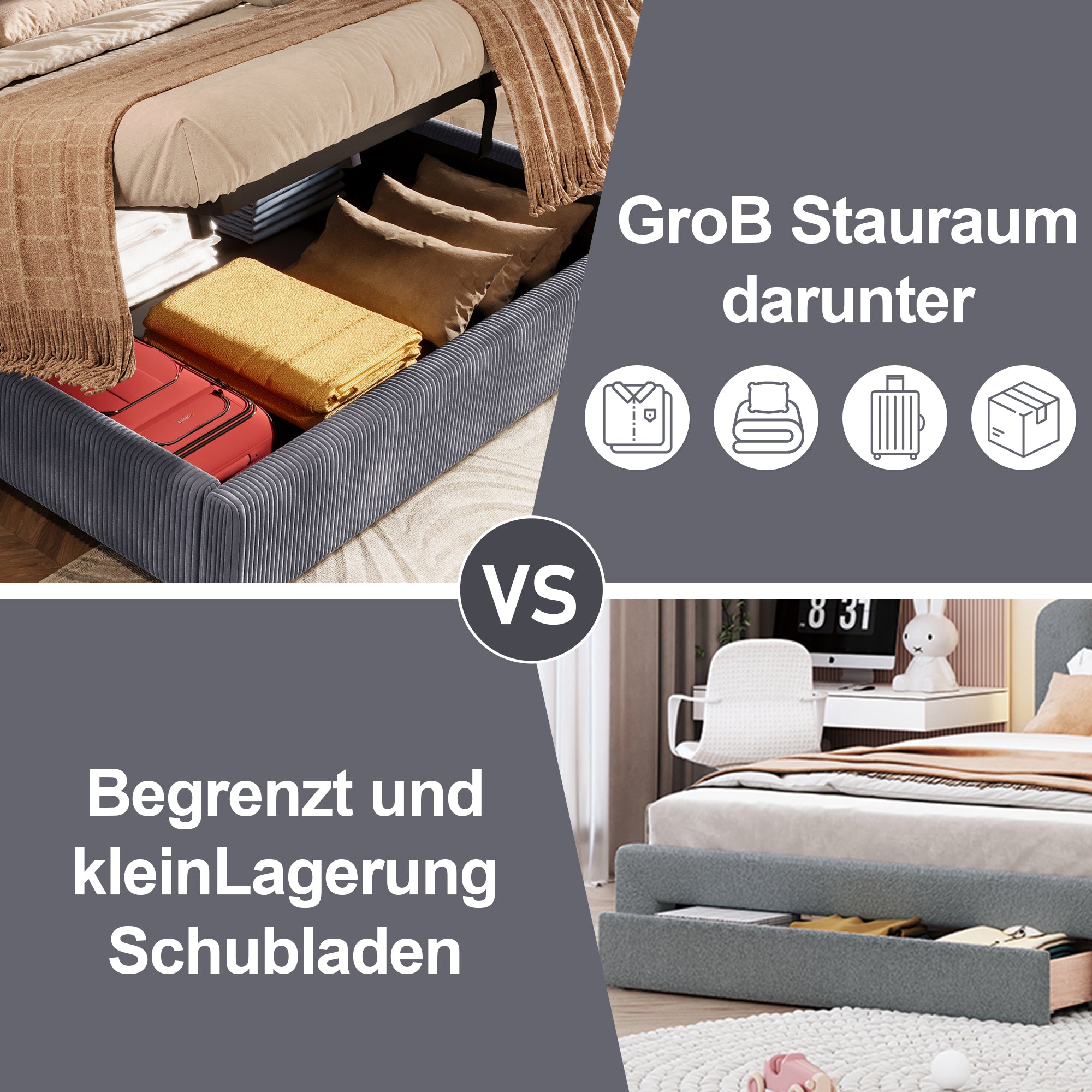 Logidon upholstered bed 180x200 cm gray velvet with LED strip storage space