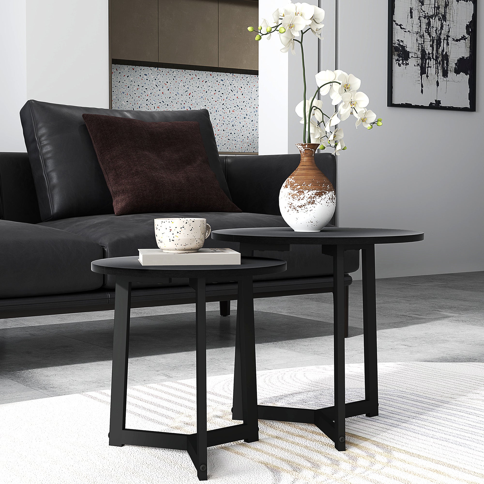 Logidon Set van 2 ronde salontafels Zwart staal MDF