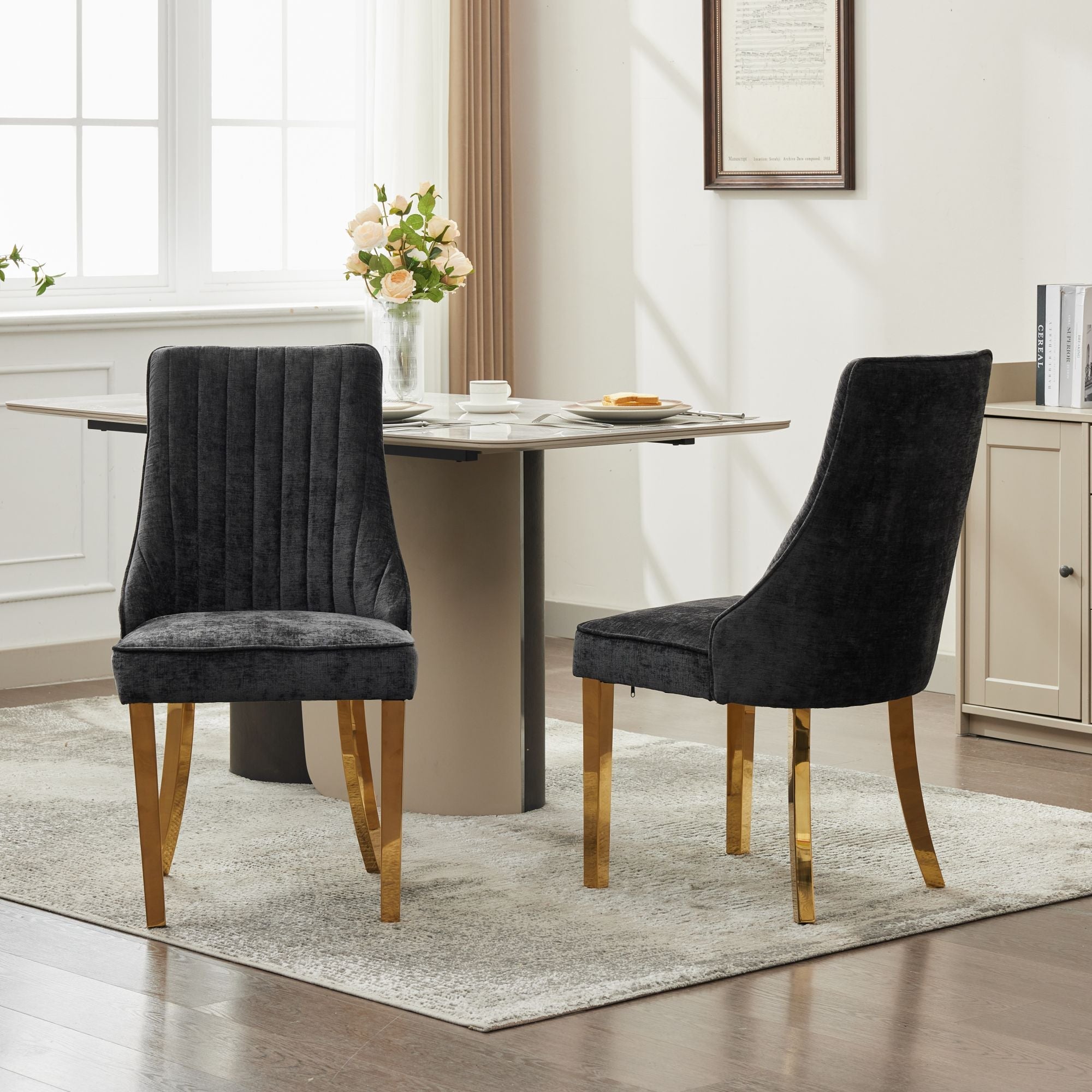 Logidon Chenille Eetstoelenset Zwart Gouden Poten Set van 2 65x50x95 cm