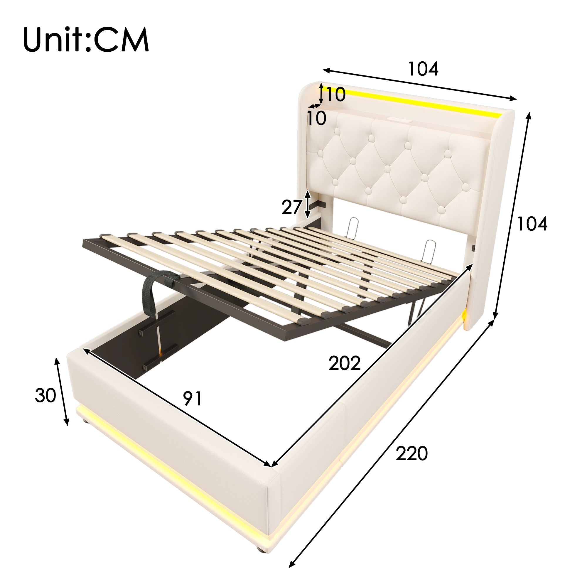 Logidon gestoffeerd bed 90x200 cm wit PU LED USB TypeC oplaadfunctie