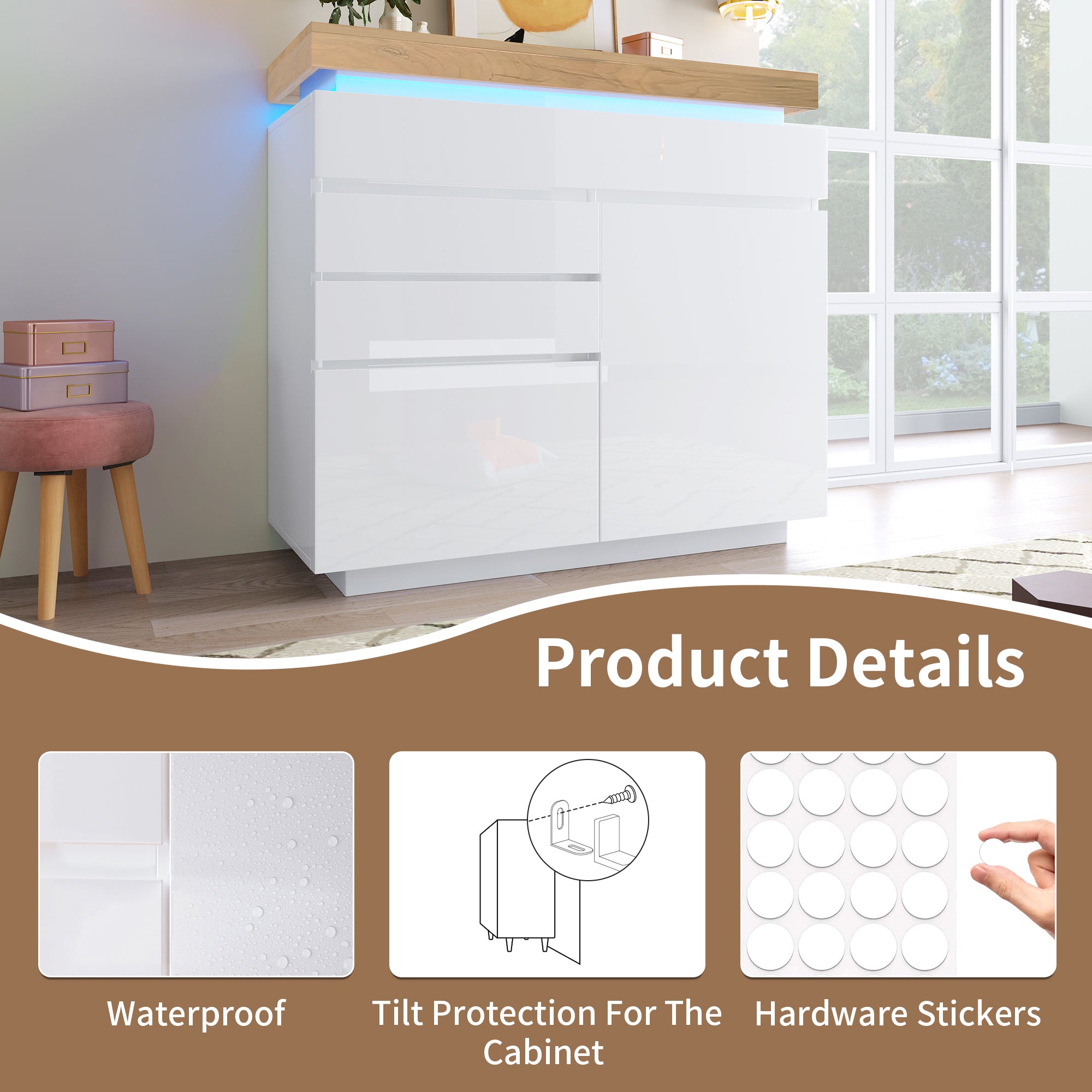 Logidon high gloss chest of drawers white LED lighting app control 2 doors