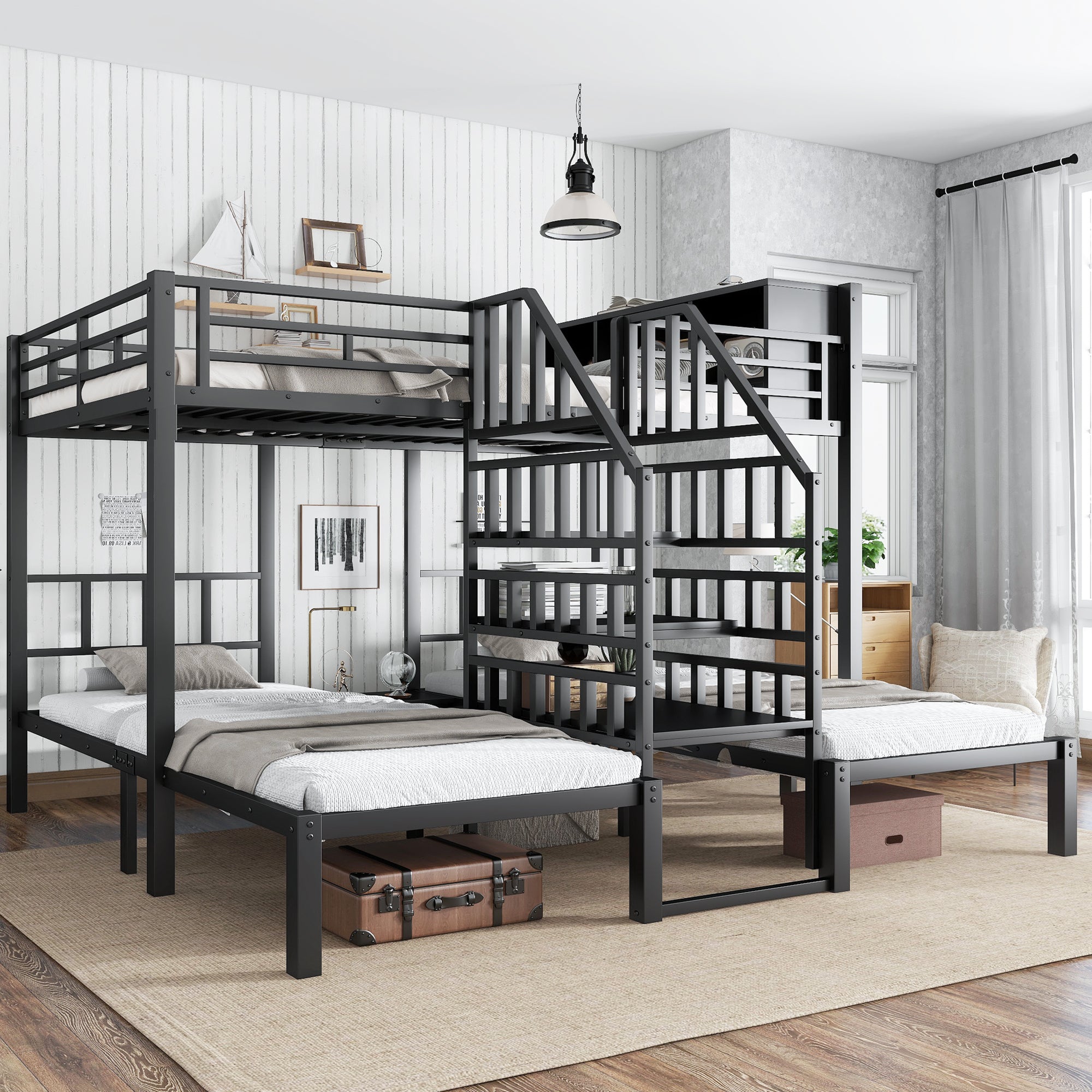 Logidon stapelbed ijzer zwart met drie slaapplaatsen 90x200cm