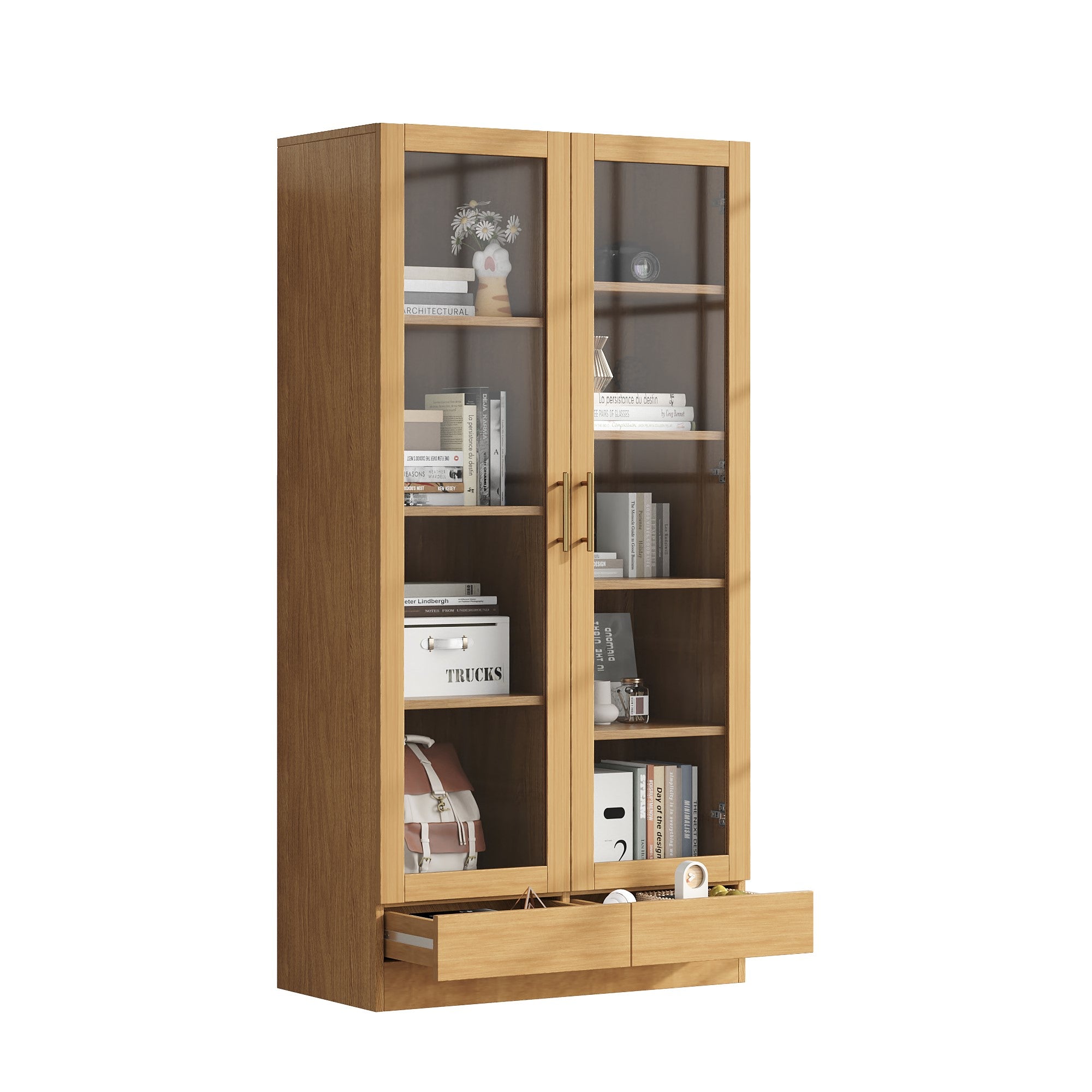 Logidon vitrinekast 80x40x160 cm naturel hout met push-to-open lades
