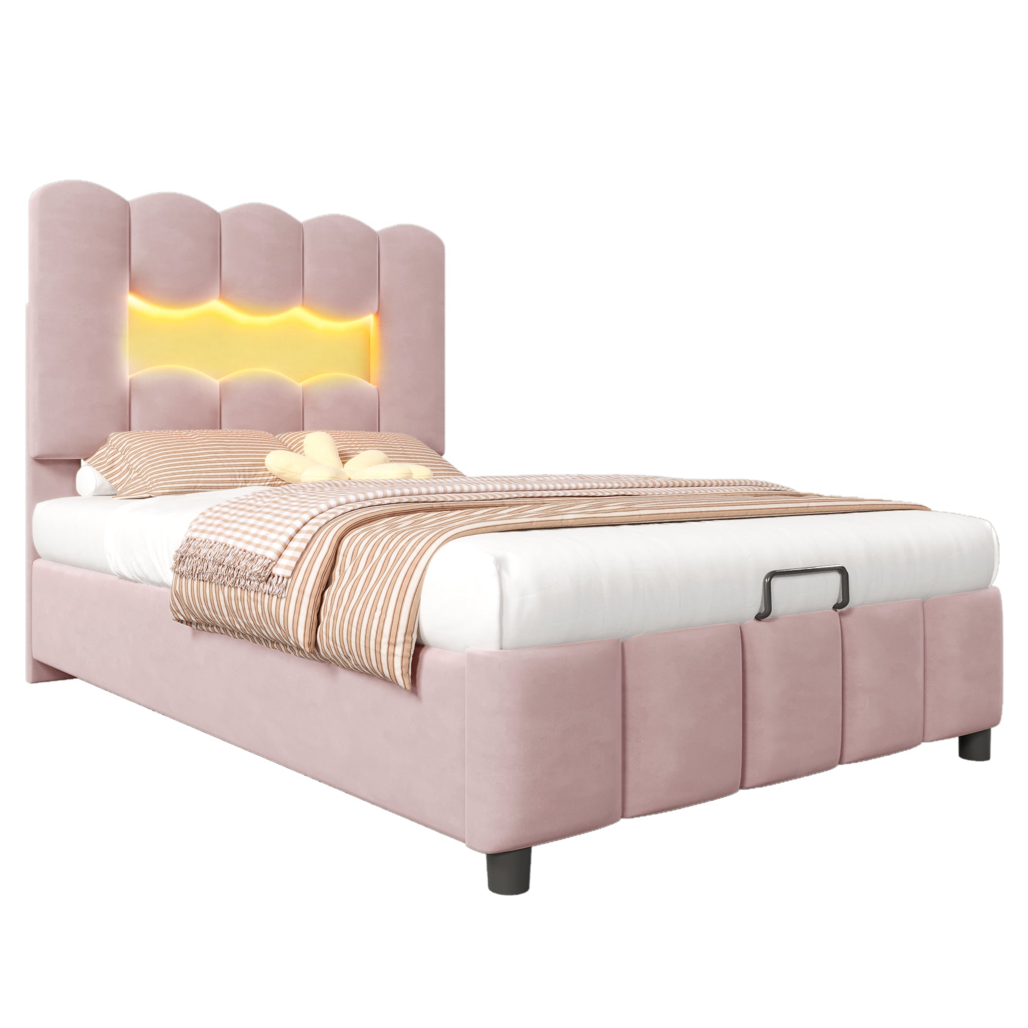 Logidon gestoffeerd bed 90x200 roze fluweel LED-verlichting hydraulisch