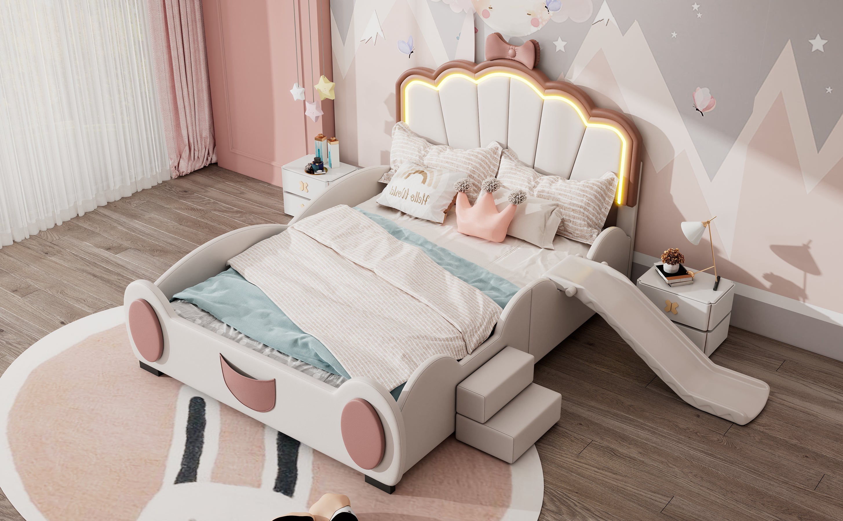 Logidon 90x200 cm Butterfly Bed With LED Color Changing Pink White
