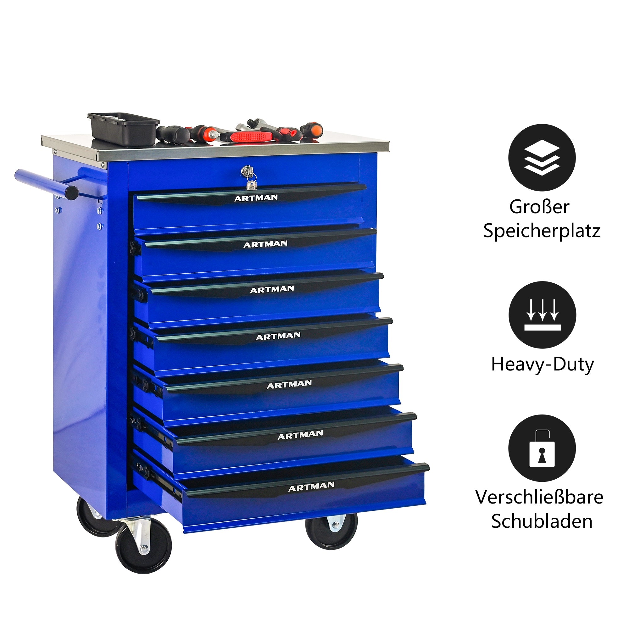 Logidon gereedschapswagen 7 laden blauw stalen wielen RVS dak