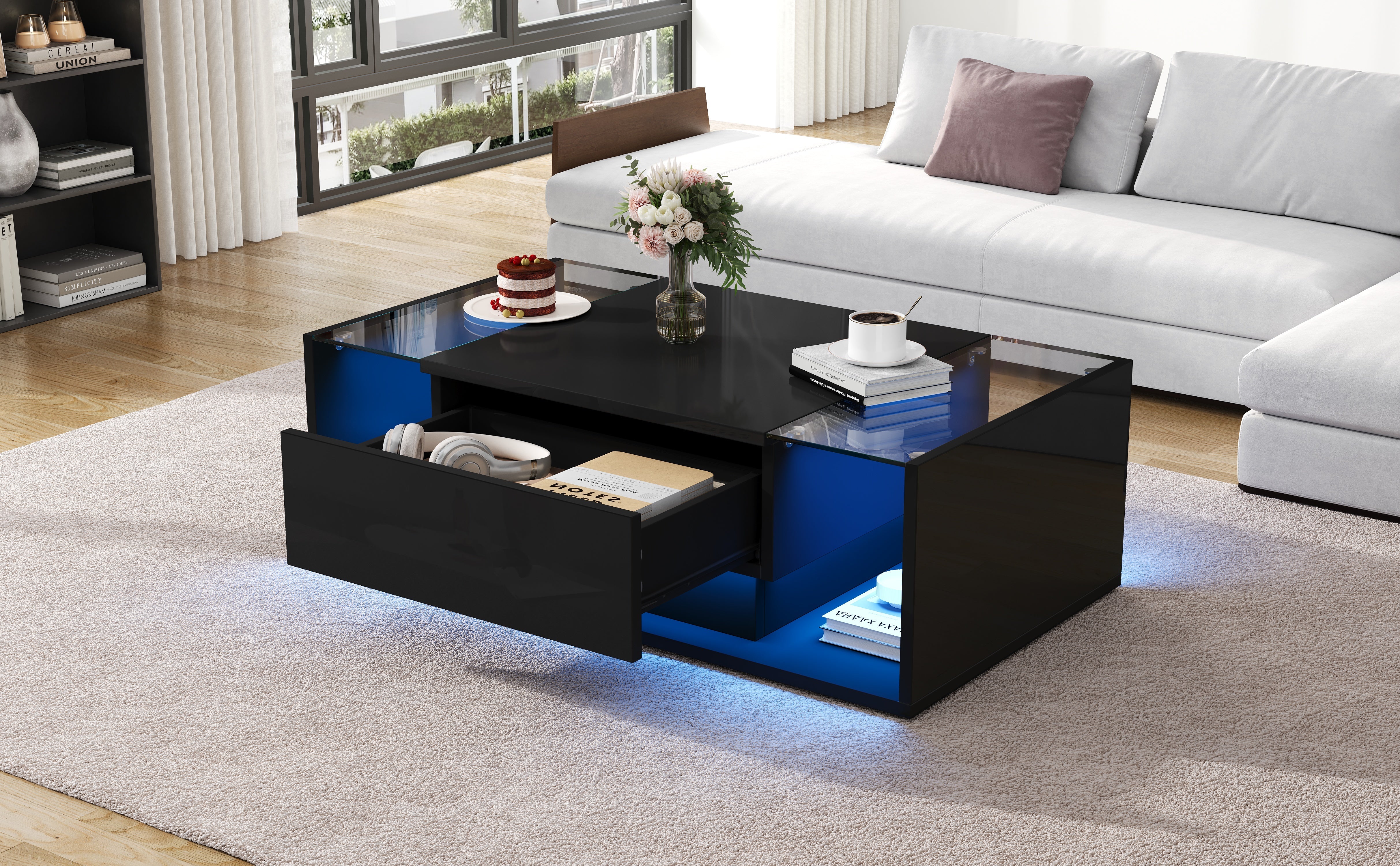 Logidon Zwarte hoogglans salontafel 100x50x31 cm met lade LED lichtstrip
