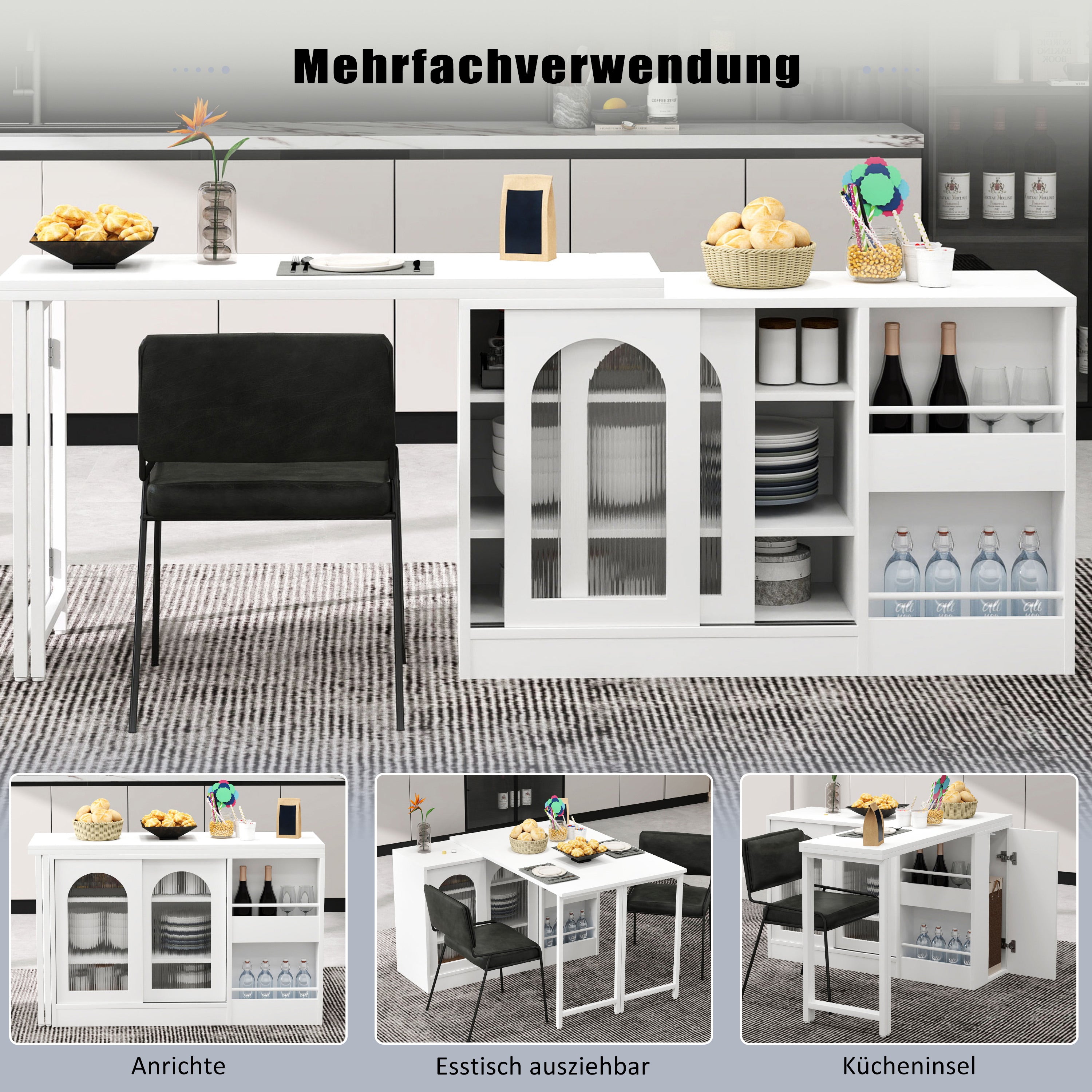 Logidon Moderne Bartafel Wit Uitschuifbaar 360 Graden Draaibaar met Opbergruimte